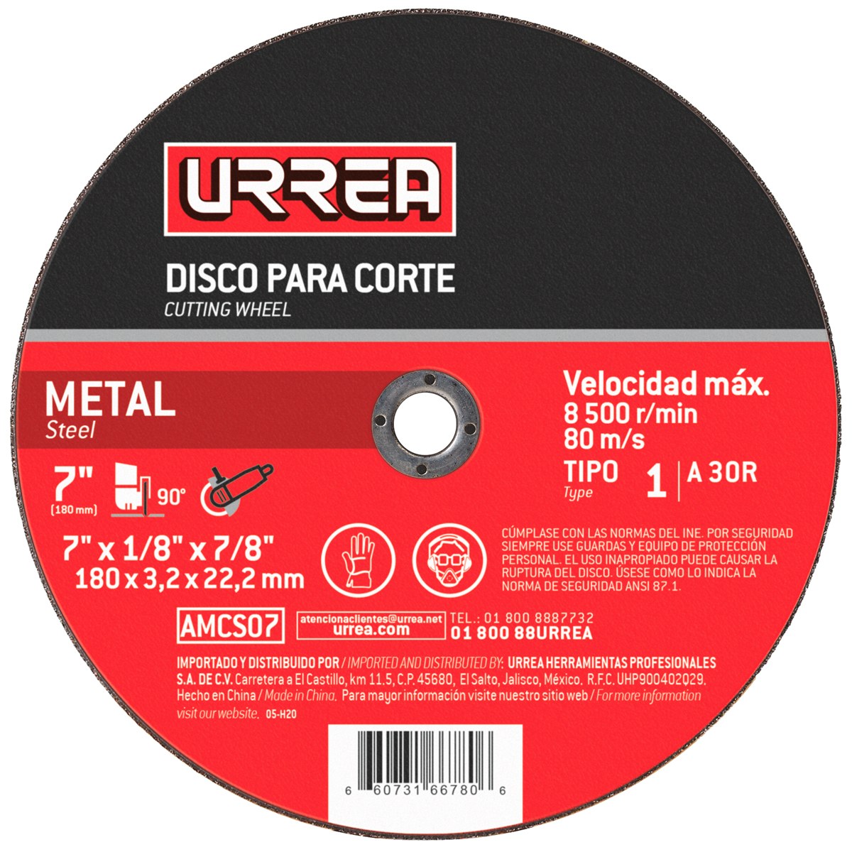 Disco abrasivo tipo 1 para metal, 4-1/2" x 1/16" Urrea