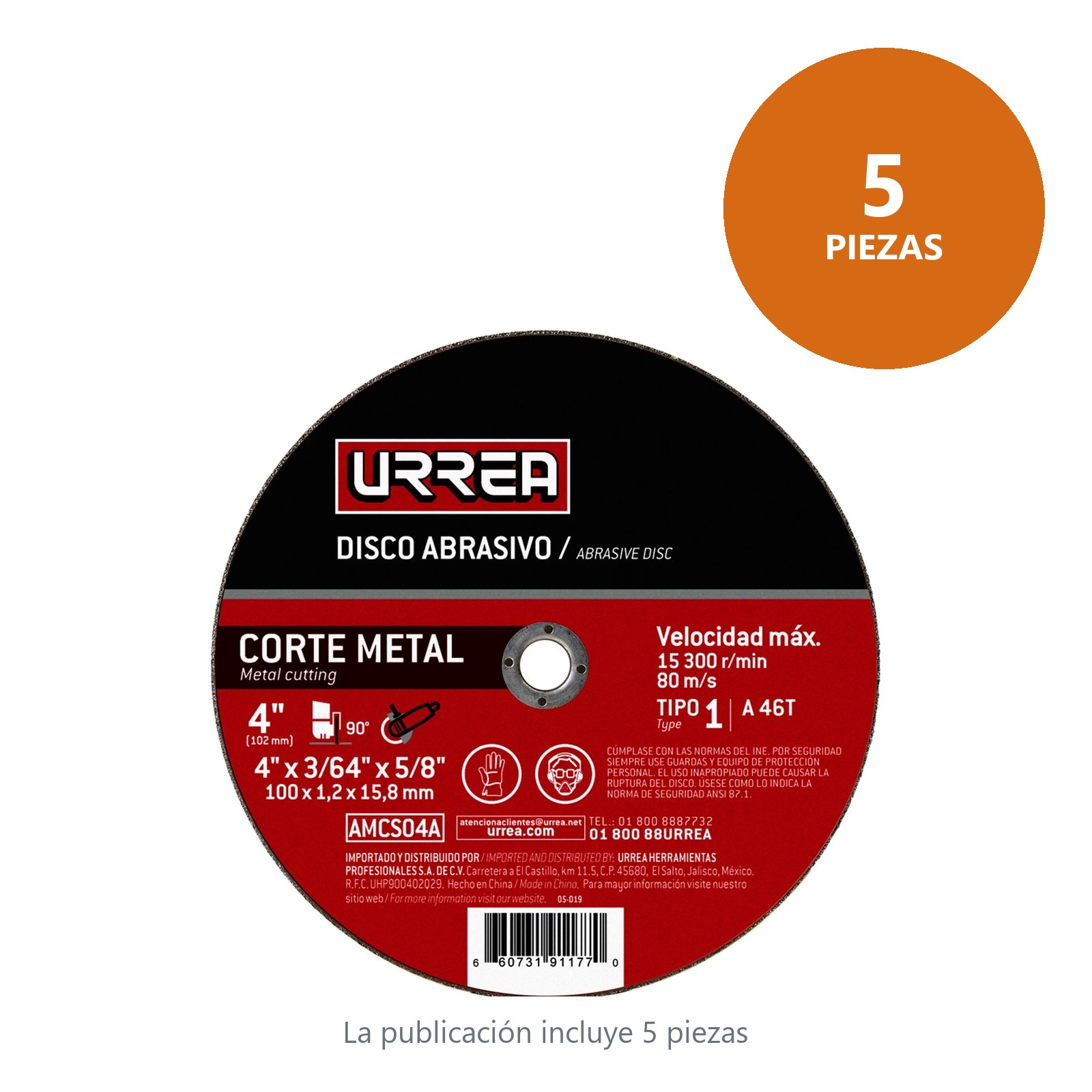 Disco abrasivo tipo 1 para metal 4" x 3/64" Urrea - Imagen 2