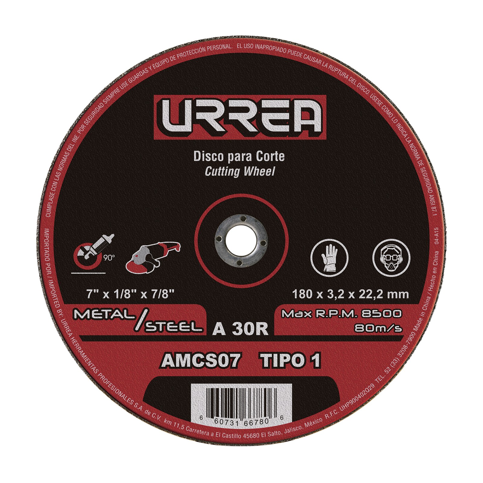 Disco abrasivo tipo 1 para metal 7" x 1/8" Urrea