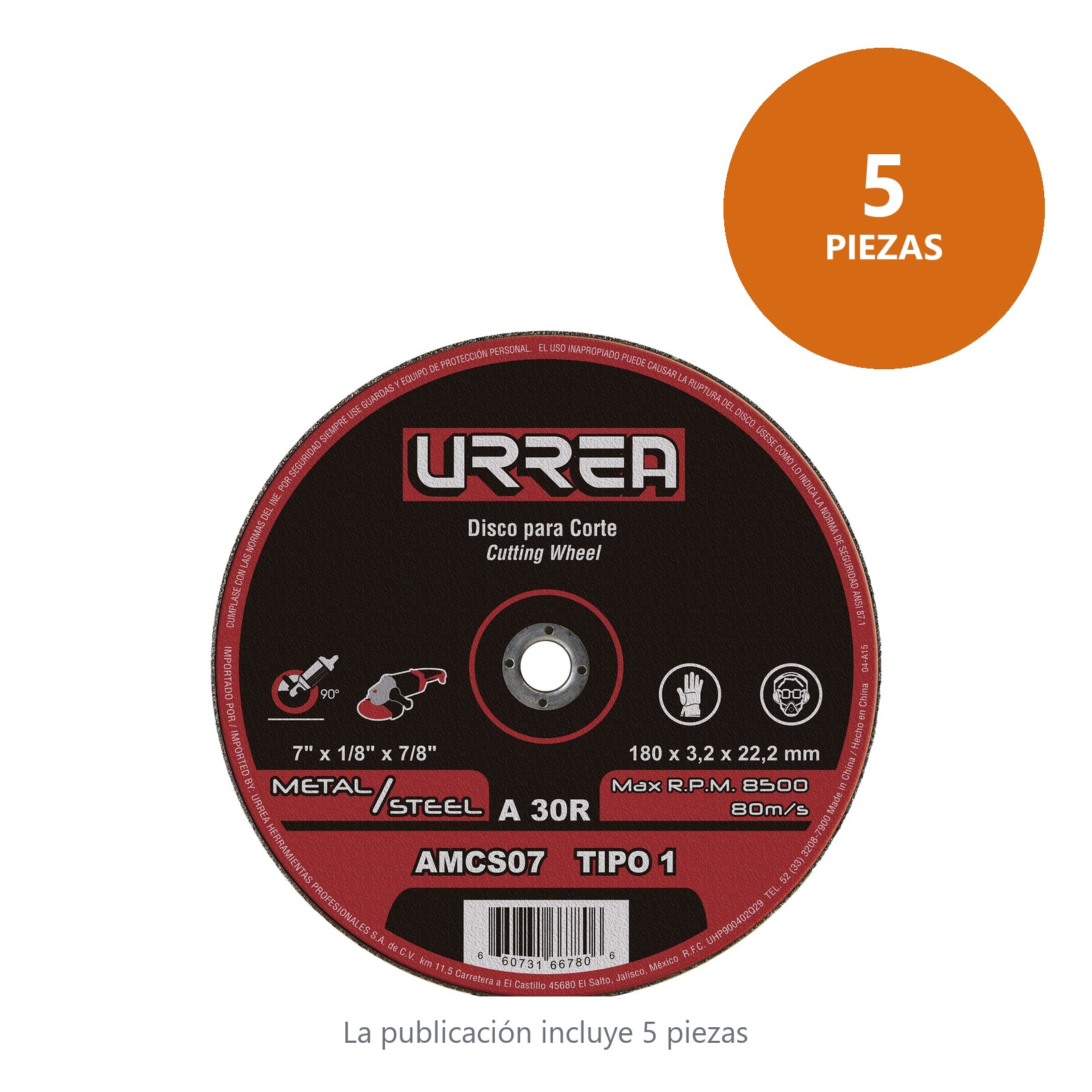 Disco abrasivo tipo 1 para metal 7" x 1/8" Urrea - Imagen 2