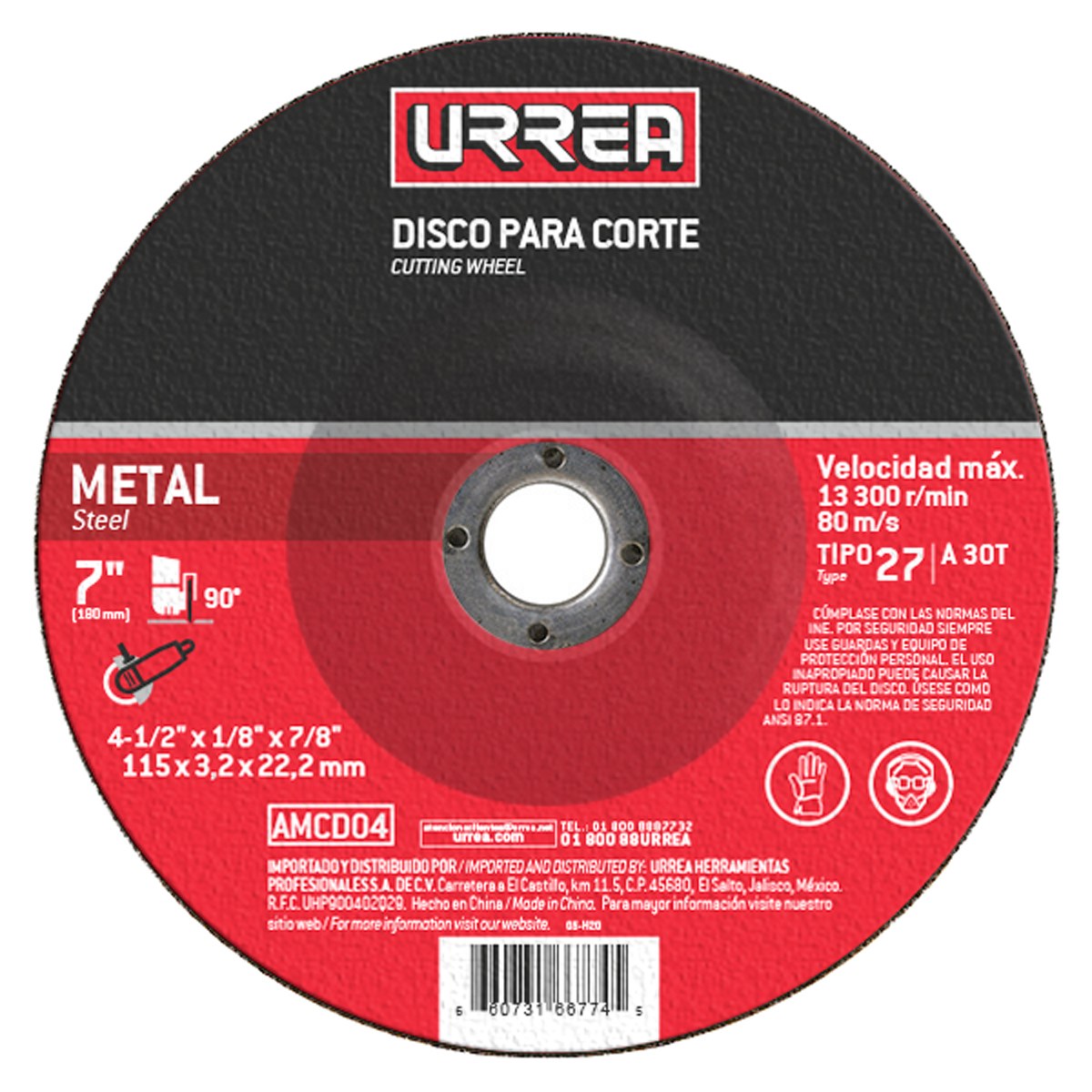 Disco abrasivo tipo 27 para metal 7" x 1/4" Urrea