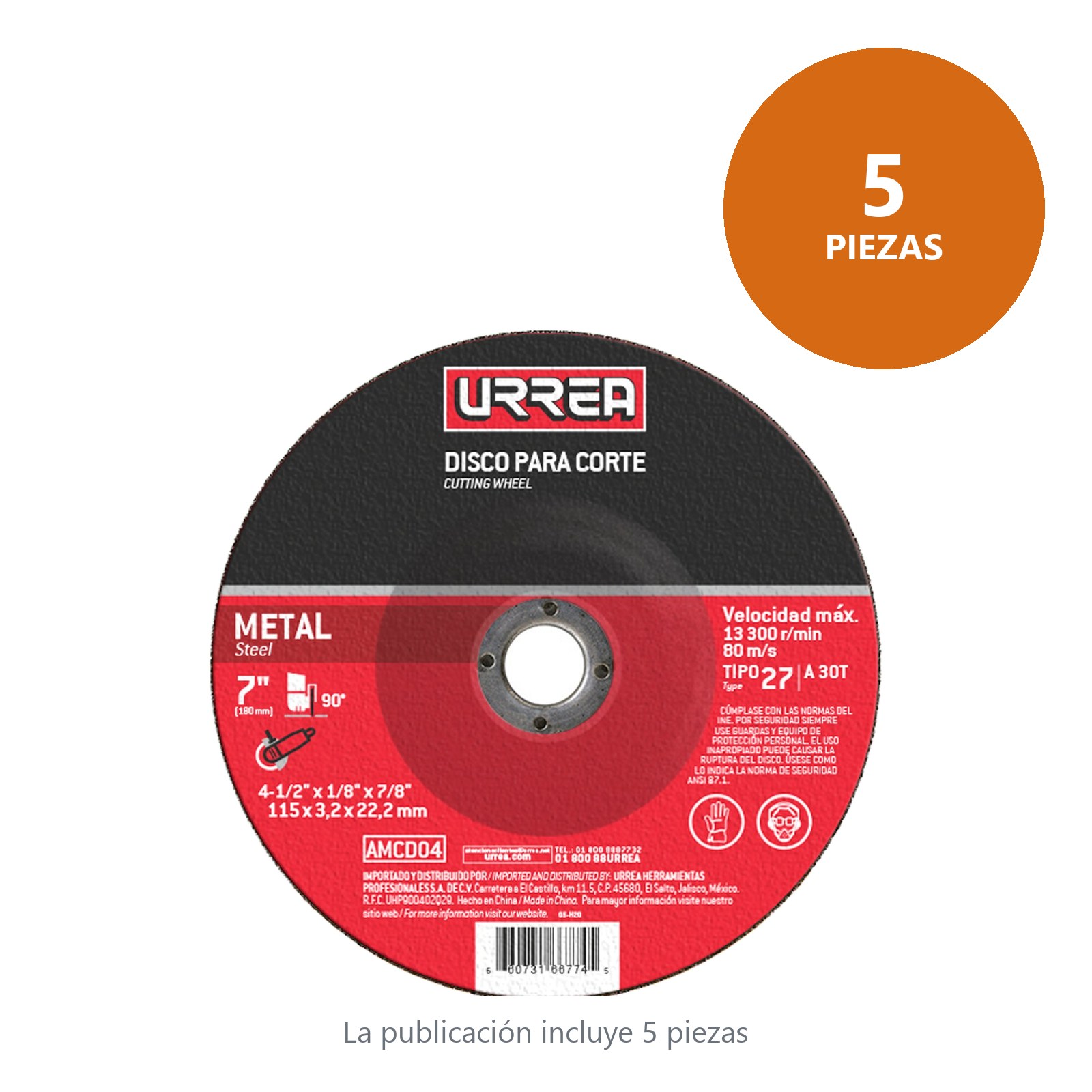 Disco abrasivo tipo 27 para metal 7" x 1/4" Urrea - Imagen 2