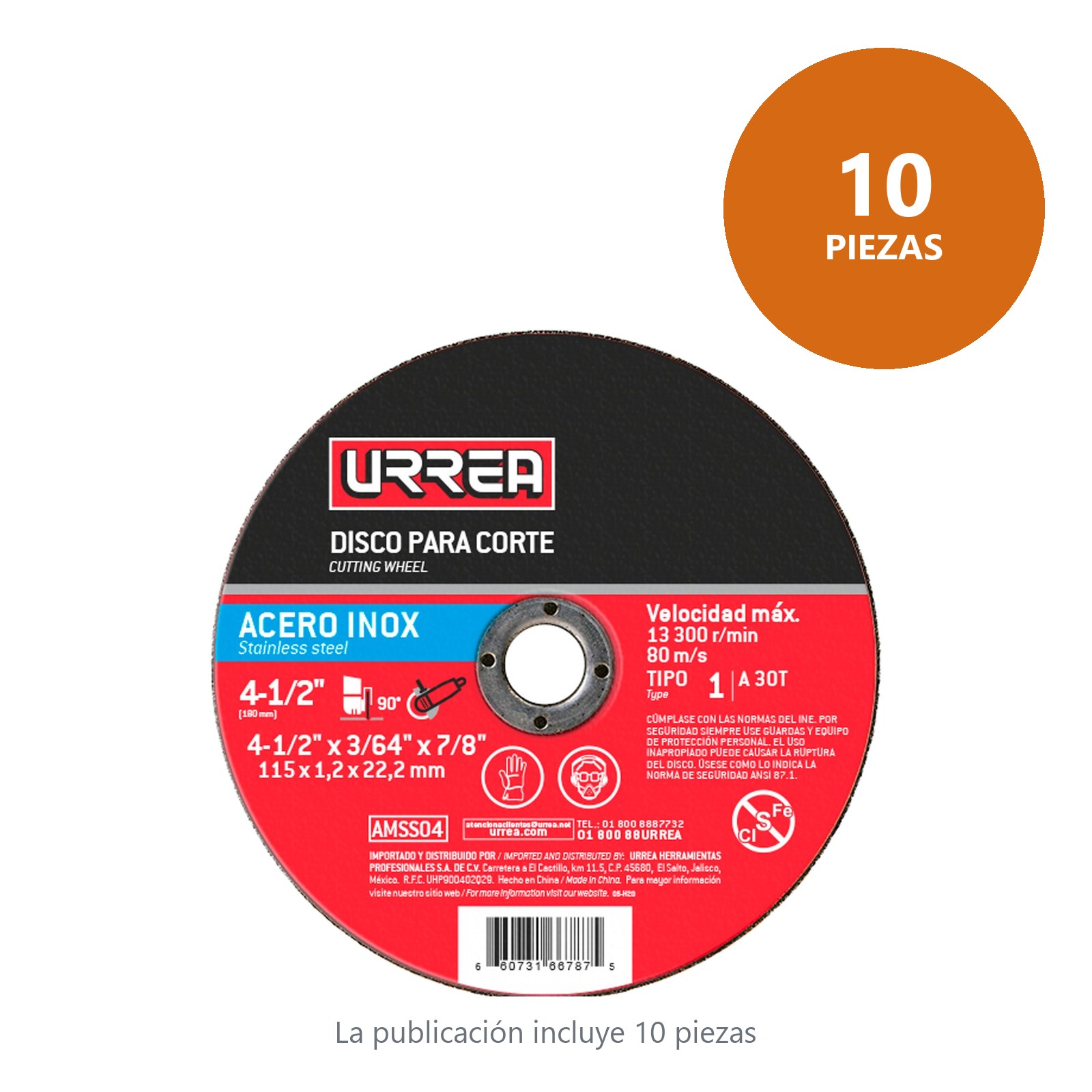 Disco abrasivo tipo 1 para acero inoxidable 4-1/2" x 1/16" Urrea - Imagen 2