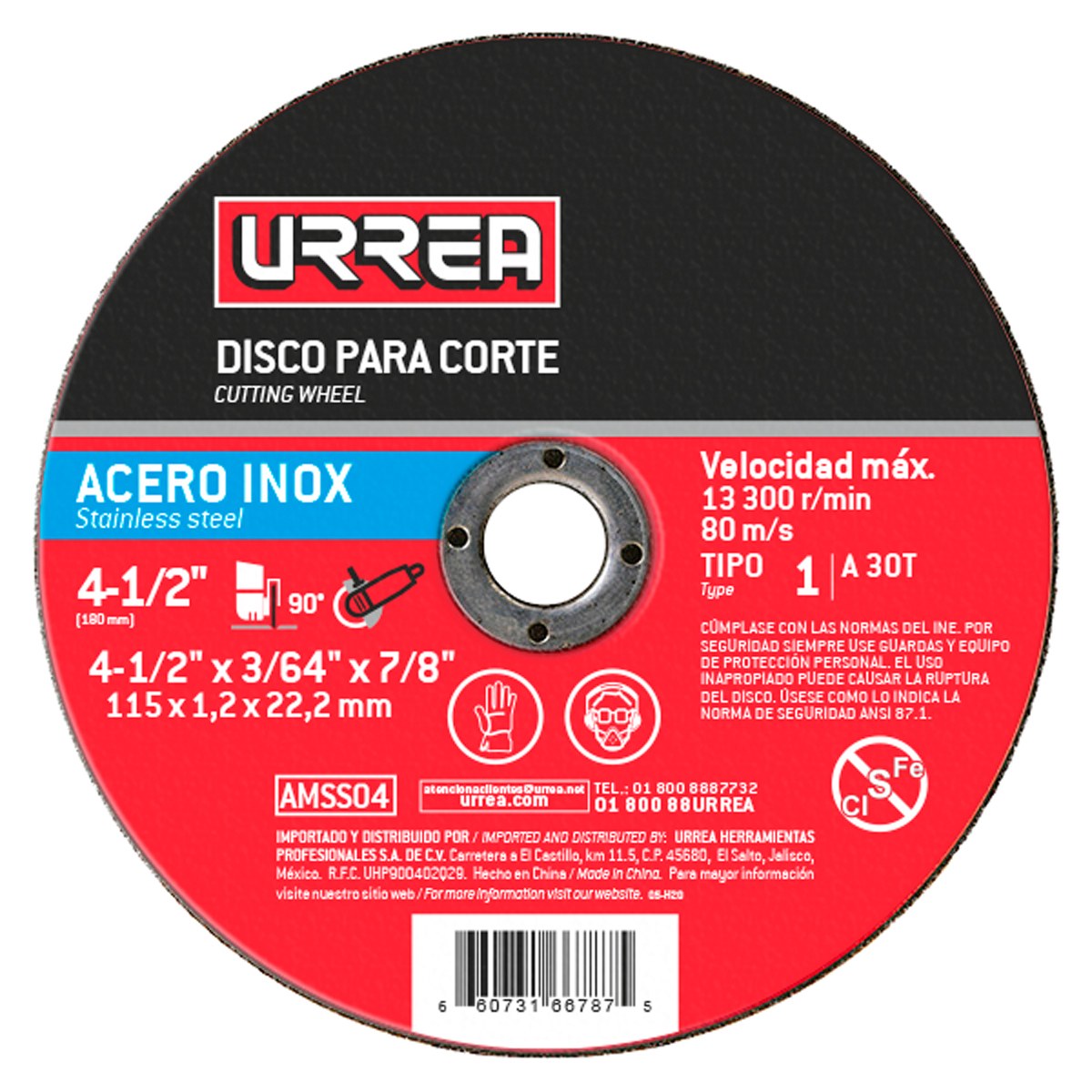 Disco abrasivo tipo 1 para acero inoxidable 7" x 5/64" Urrea