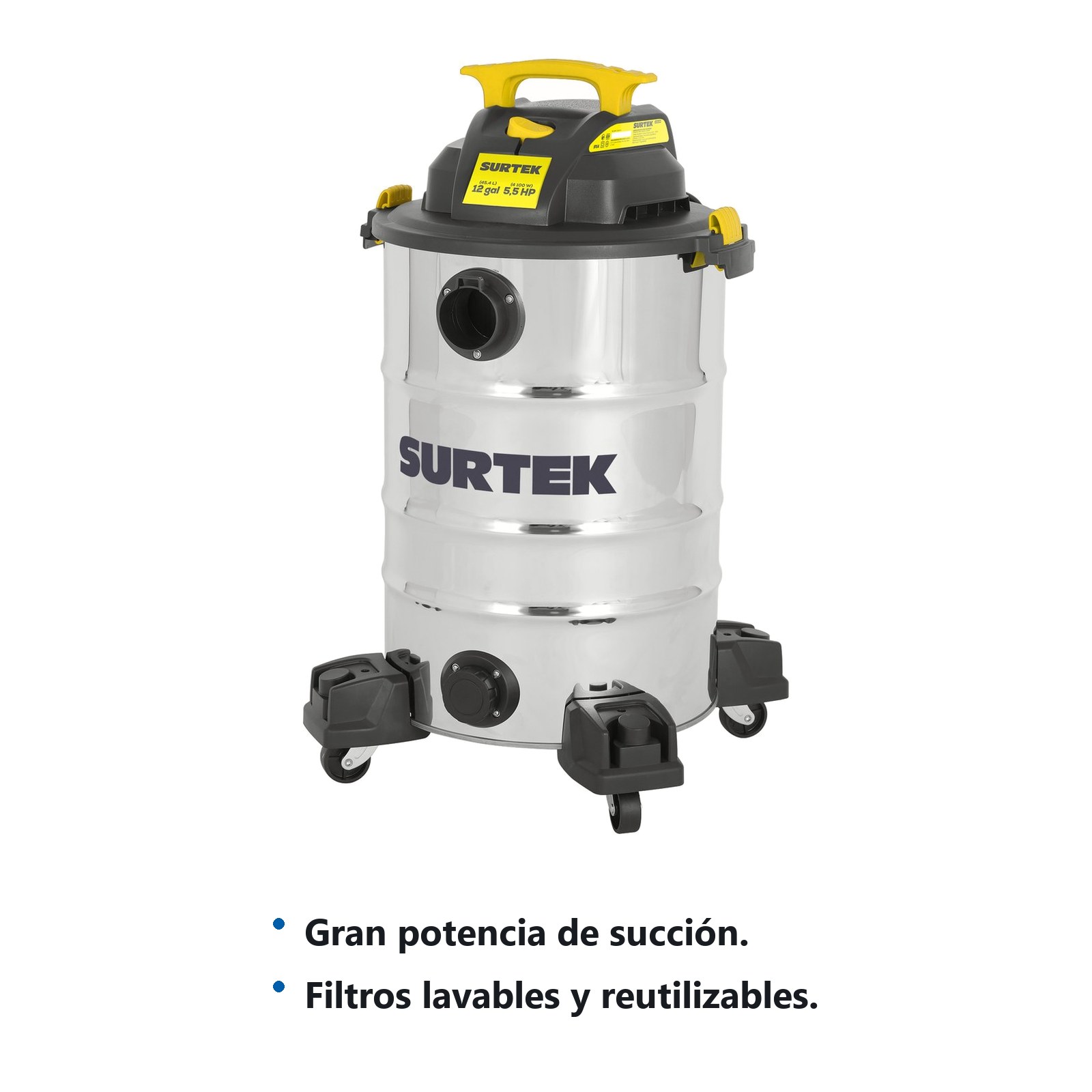 Aspiradora de acero inoxidable 12 galones, 5.5 HP Surtek - Imagen 2