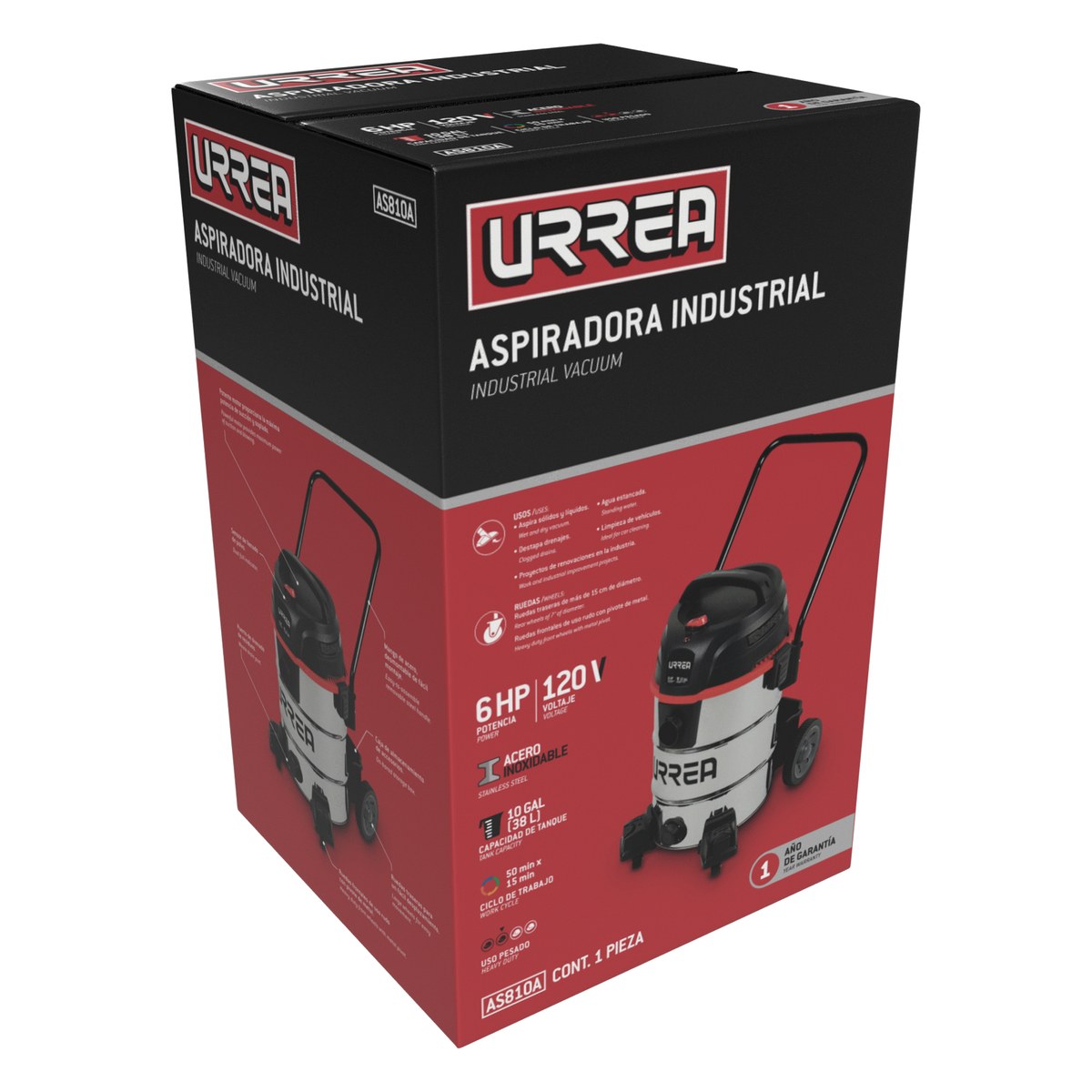 Aspiradora de acero inoxidable 10 galones, 6 HP Urrea - Imagen 2