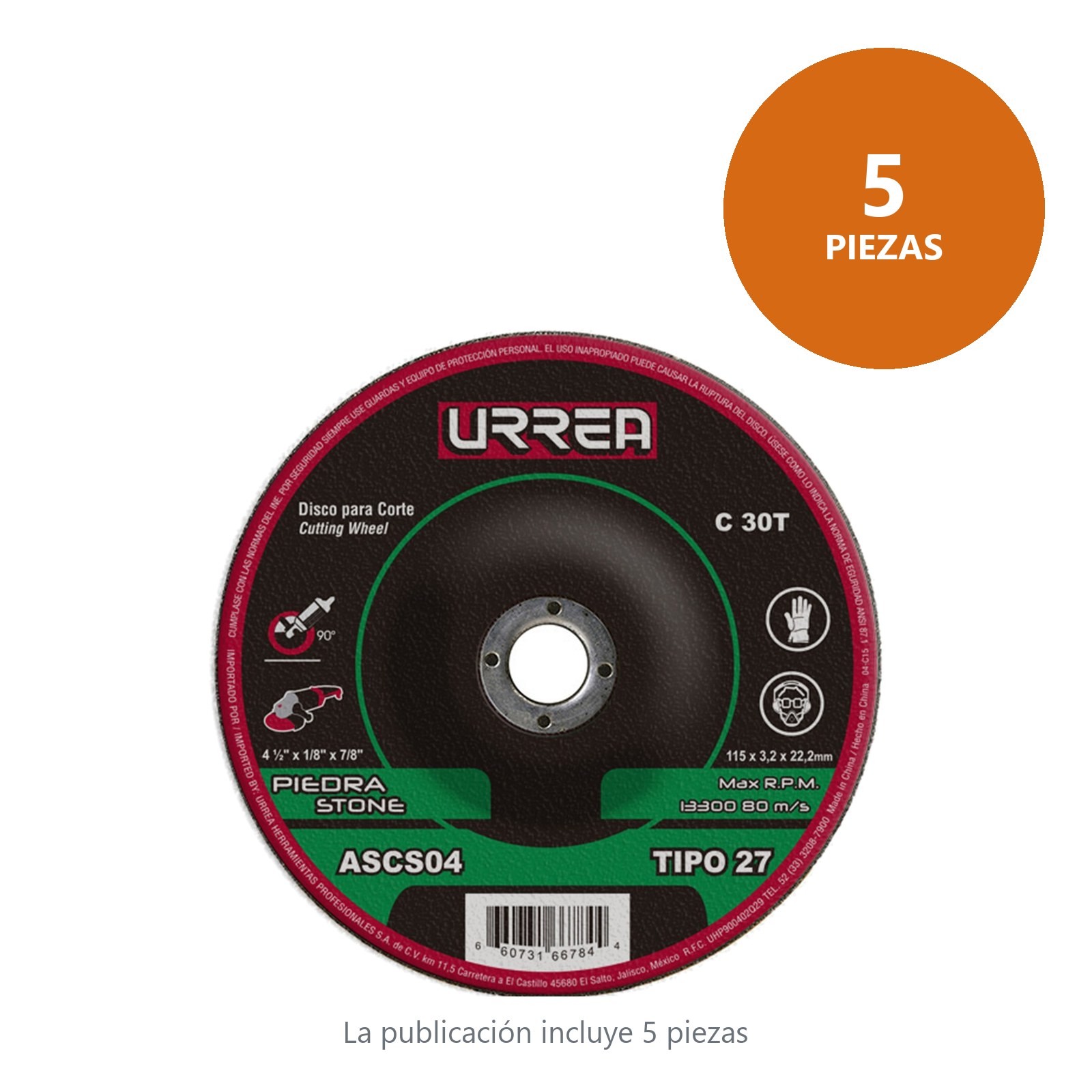 Disco abrasivo tipo 27 para piedra 4-1/2" x 1/8" Urrea - Imagen 2