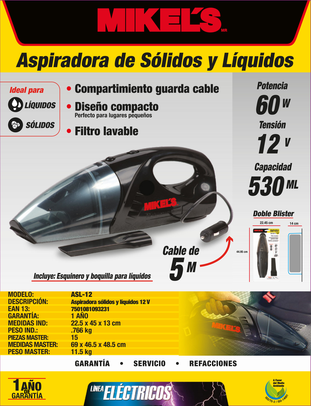 MIKELS ASL-12 Aspiradora sólidos y líquidos (12 V) - Imagen 4