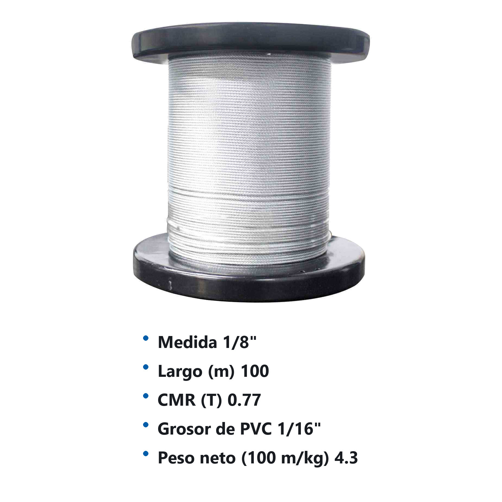 CABLE DE ACERO C/FORRO PLASTICO 7X7 1/8"-3/16" ROLLO 100MTS - Imagen 3