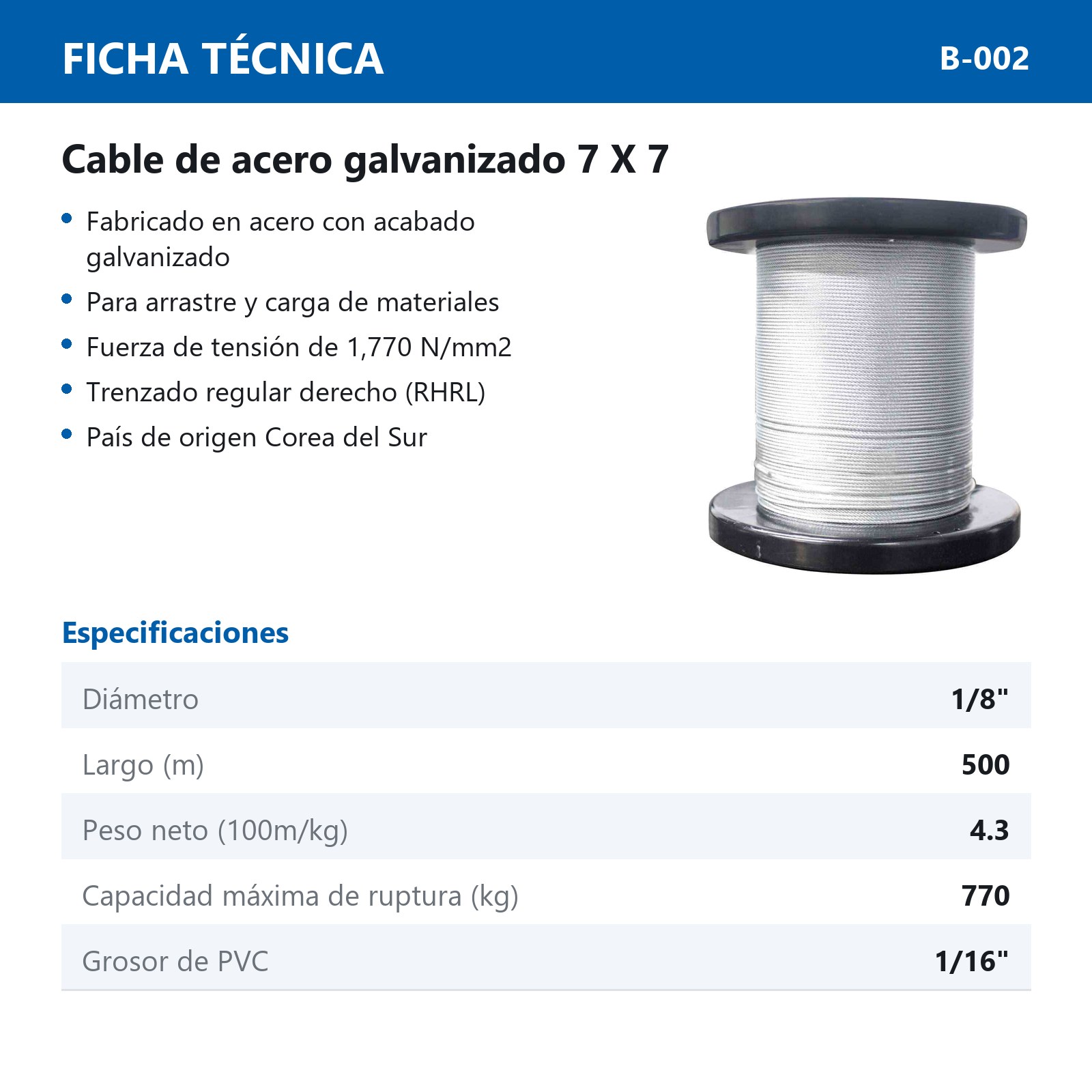 CABLE DE ACERO C/FORRO PLASTICO 7X7 1/8"-3/16" ROLLO 500MTS - Imagen 3