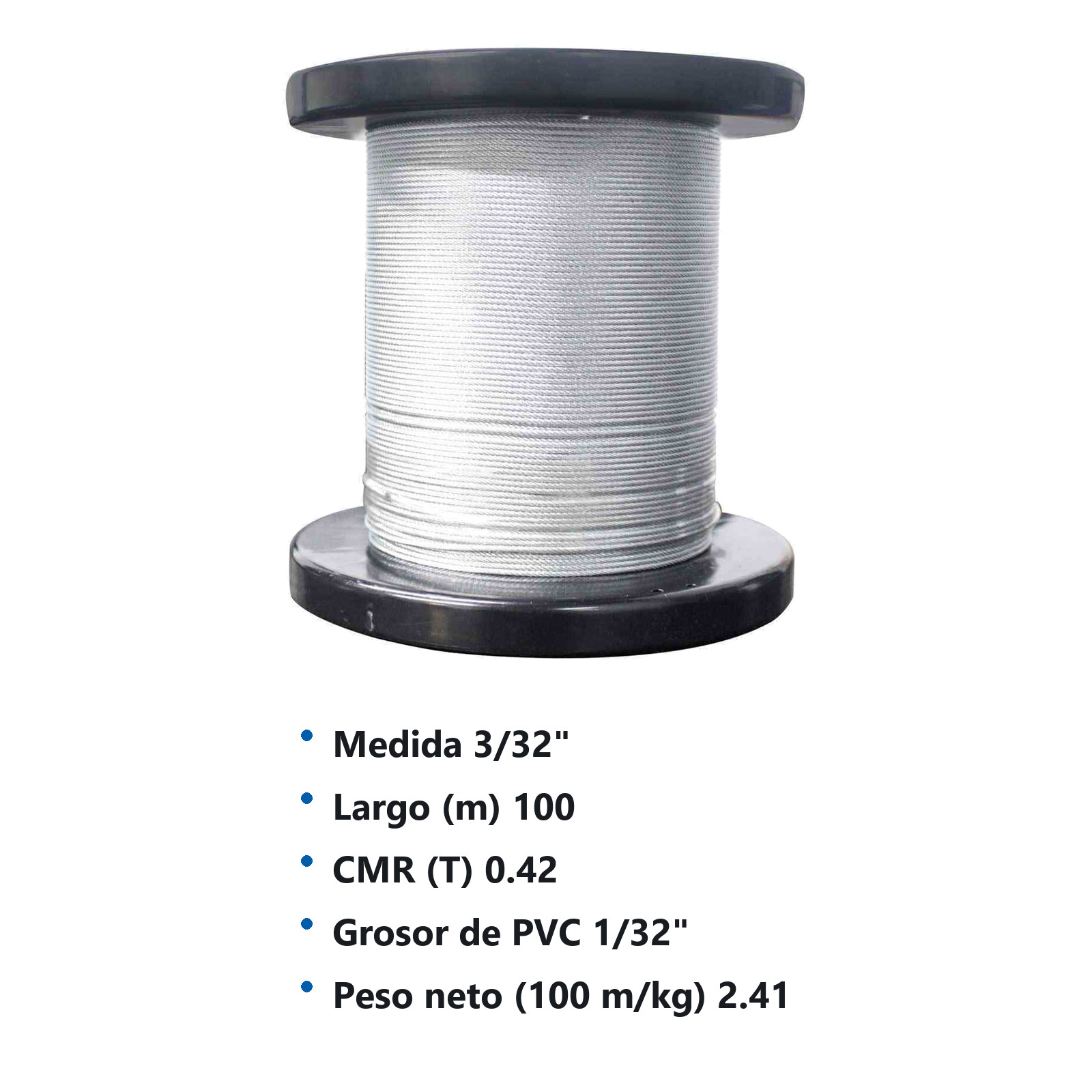 CABLE DE ACERO C/FORRO PLASTICO 7X7 3/32"-1/8" ROLLO 100MTS - Imagen 3