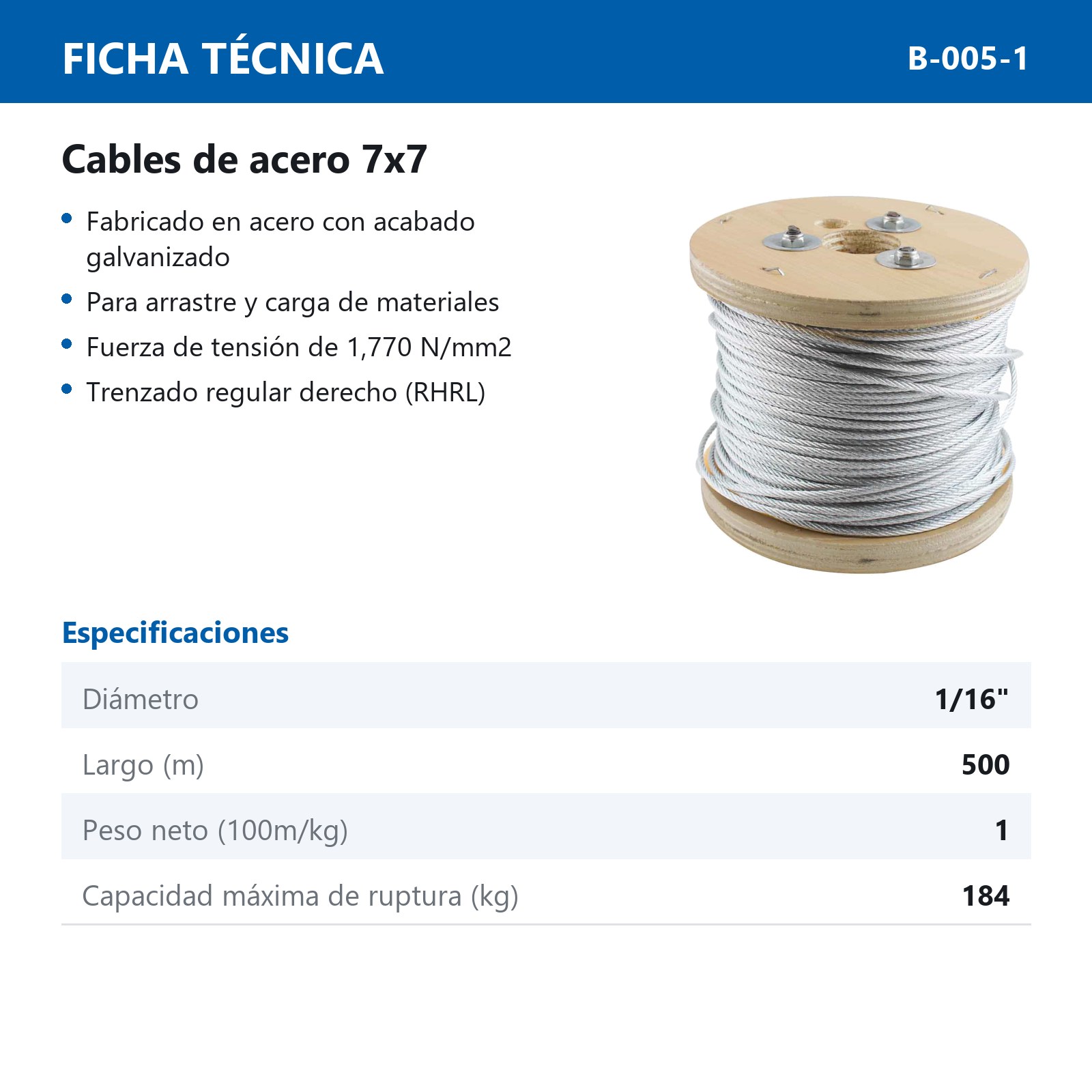 CABLE DE ACERO GALVANIZADO 7X7 1/16" ROLLO 500M - Imagen 2