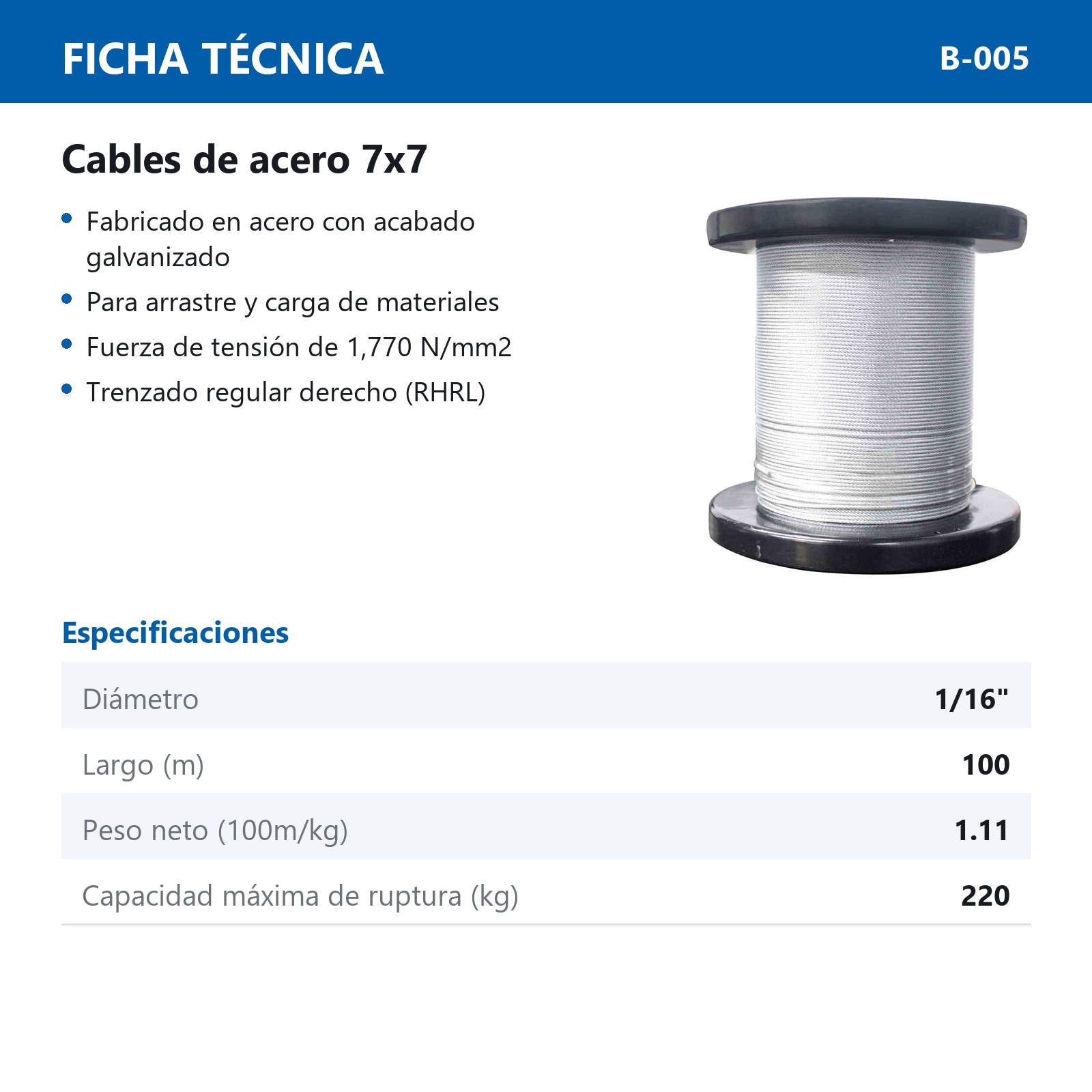 CABLE DE ACERO GALVANIZADO 7X7 1/16" ROLLO 100M - Imagen 2