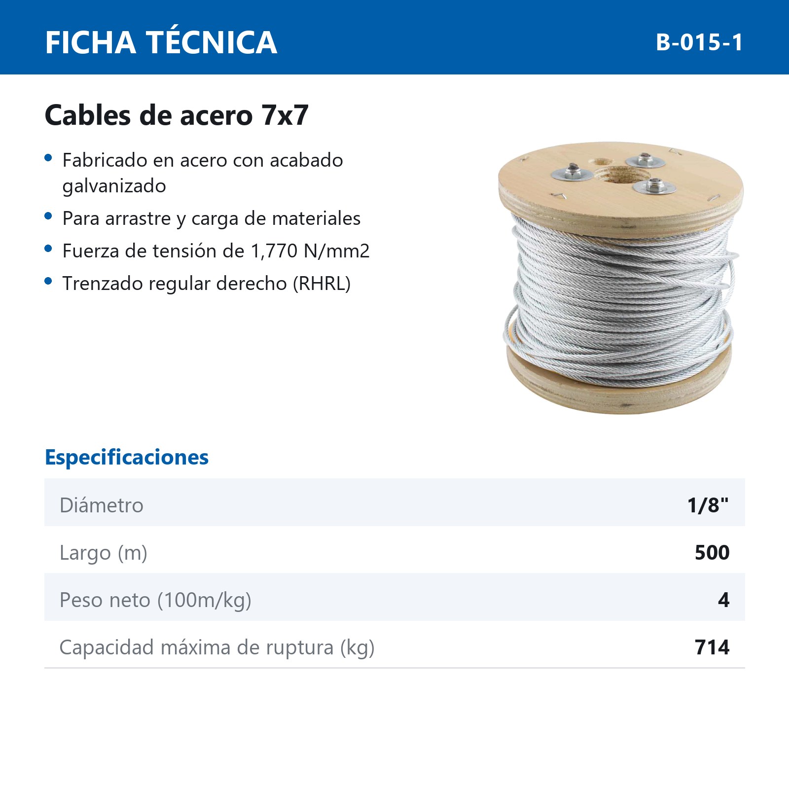 CABLE DE ACERO GALVANIZADO 7X7 1/8" ROLLO 500M - Imagen 2