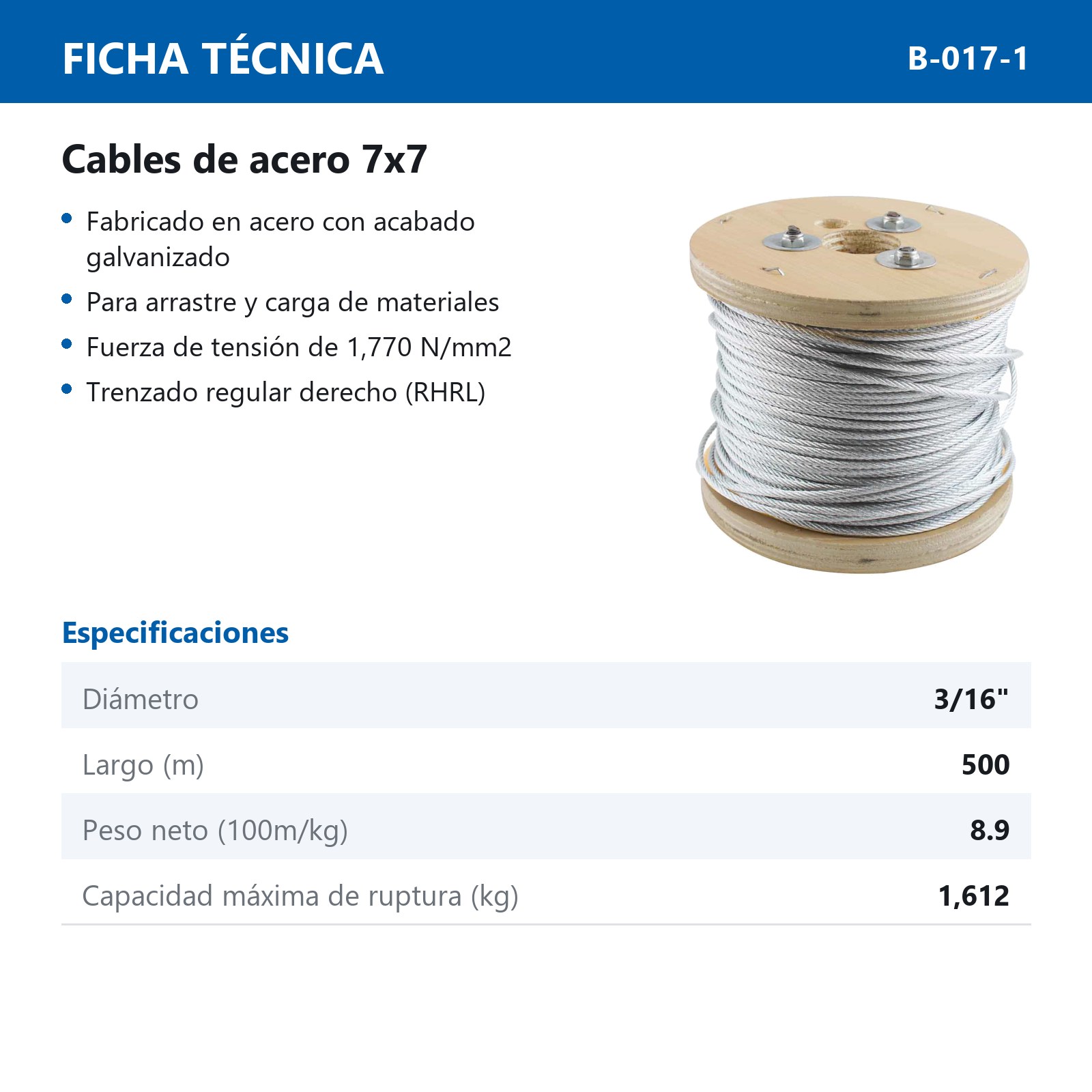 CABLE DE ACERO GALVANIZADO 7X7 3/16" ROLLO 500M - Imagen 2