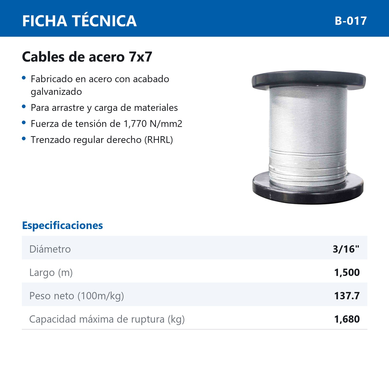 CABLE DE ACERO GALVANIZADO 7X7 3/16" ROLLO 1500M - Imagen 2