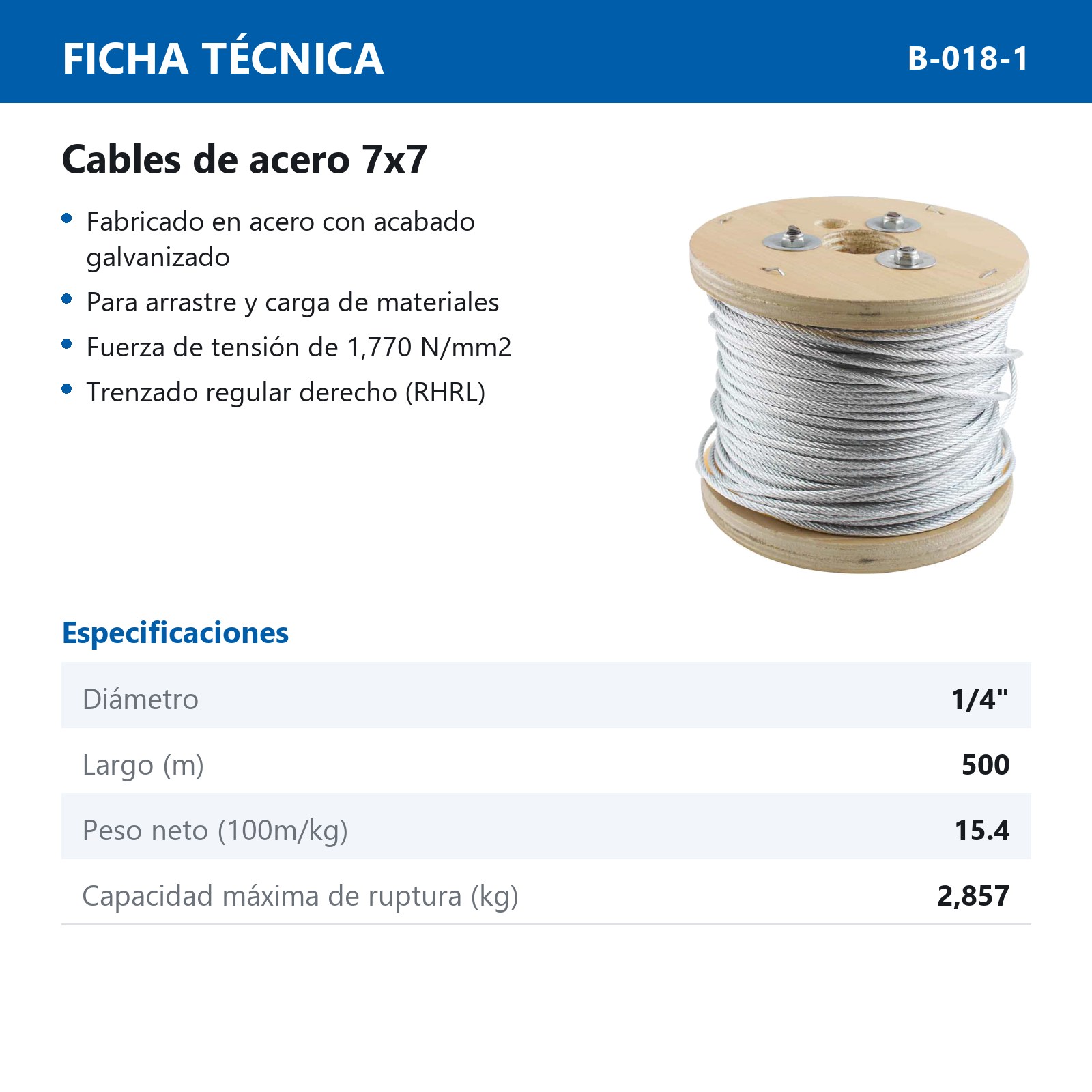 CABLE DE ACERO GALVANIZADO 7X7 1/4" ROLLO 500M - Imagen 2