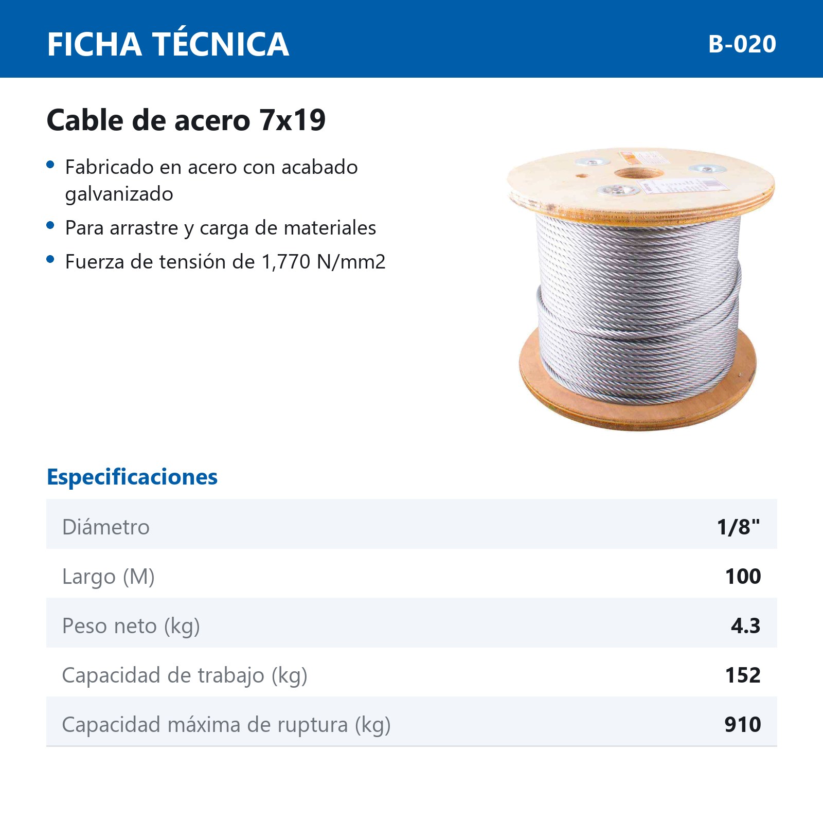 CABLE DE ACERO GALVANIZADO 7X19 1/8" ROLLO 100M - Imagen 3
