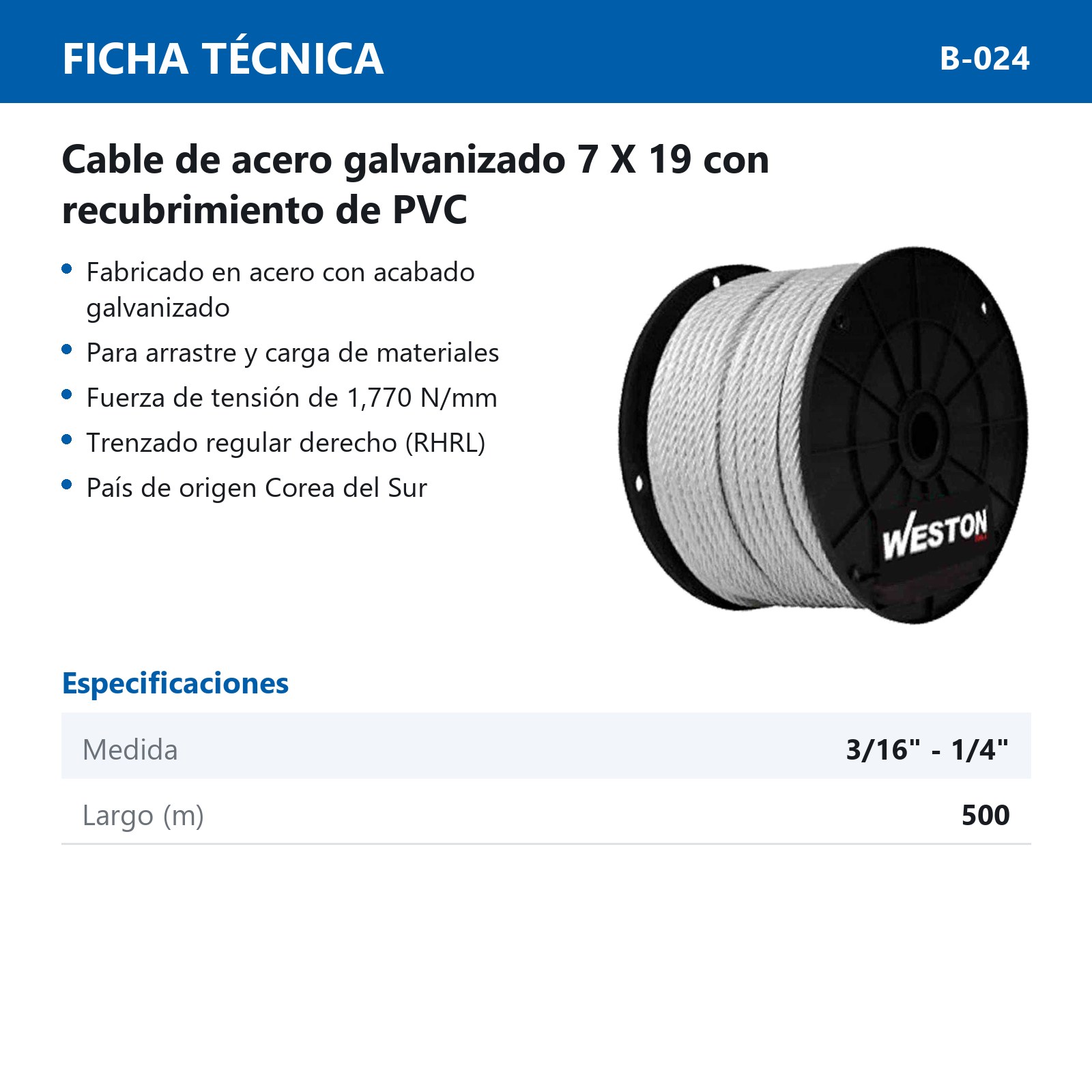 CABLE DE ACERO C/FORRO PLASTICO 7X19 3/16"-1/4" ROLLO 500MTS - Imagen 2