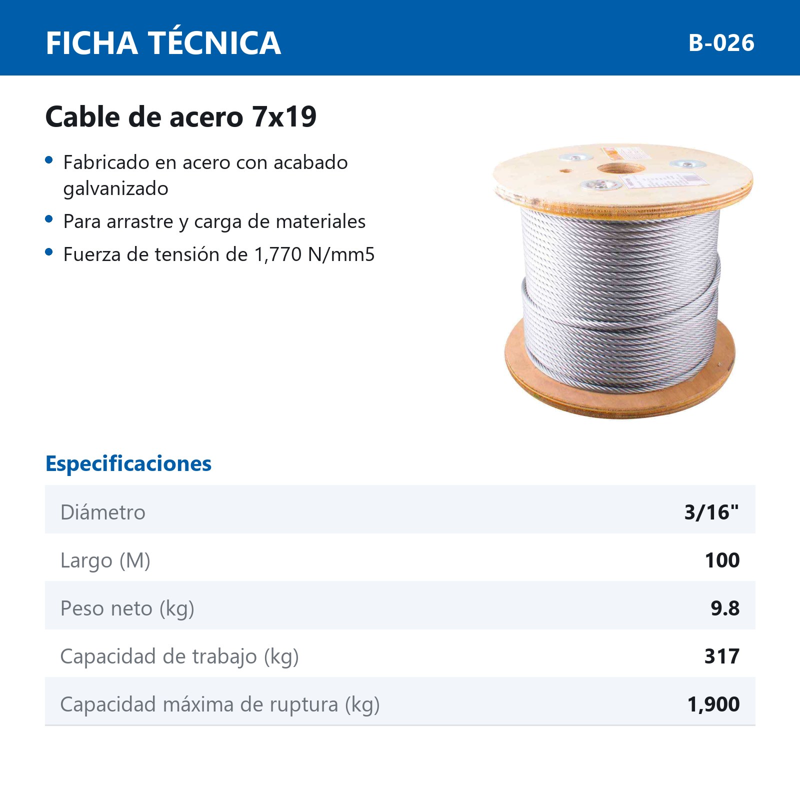 CABLE DE ACERO GALVANIZADO 7X19 3/16" ROLLO 100M - Imagen 3