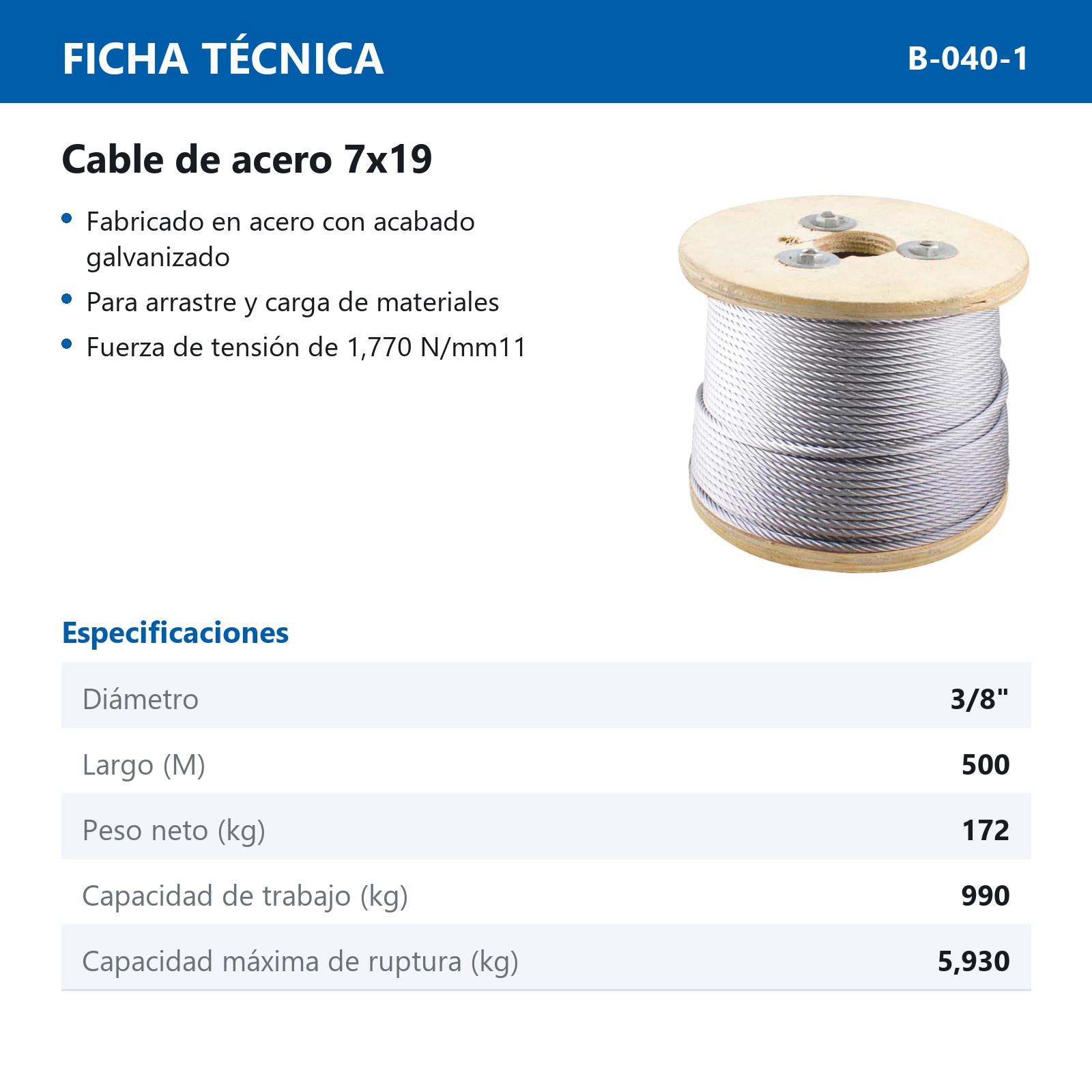 CABLE DE ACERO GALVANIZADO 7X19 3/8" ROLLO 500M - Imagen 3