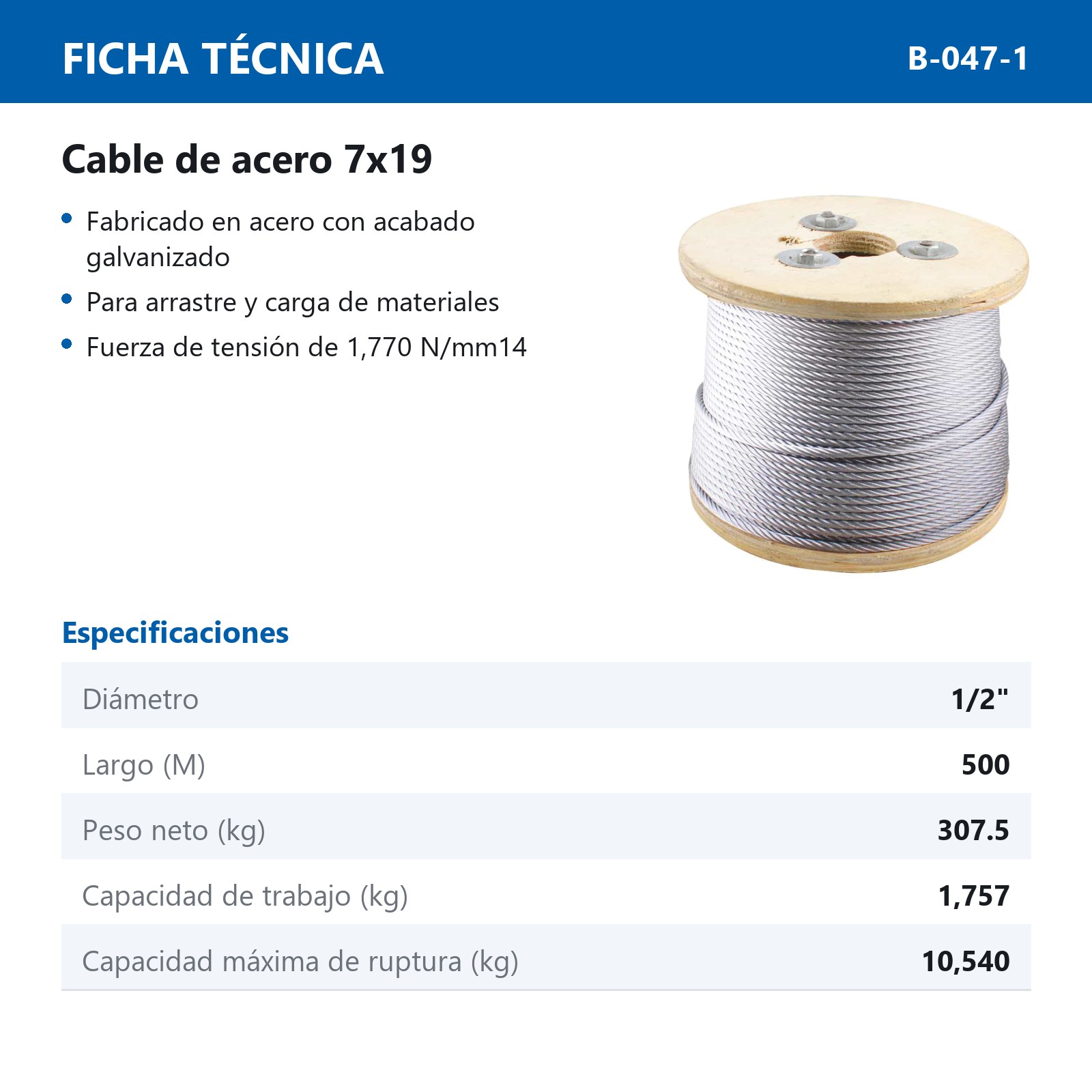 CABLE DE ACERO GALVANIZADO 7X19 1/2" ROLLO 500M - Imagen 3