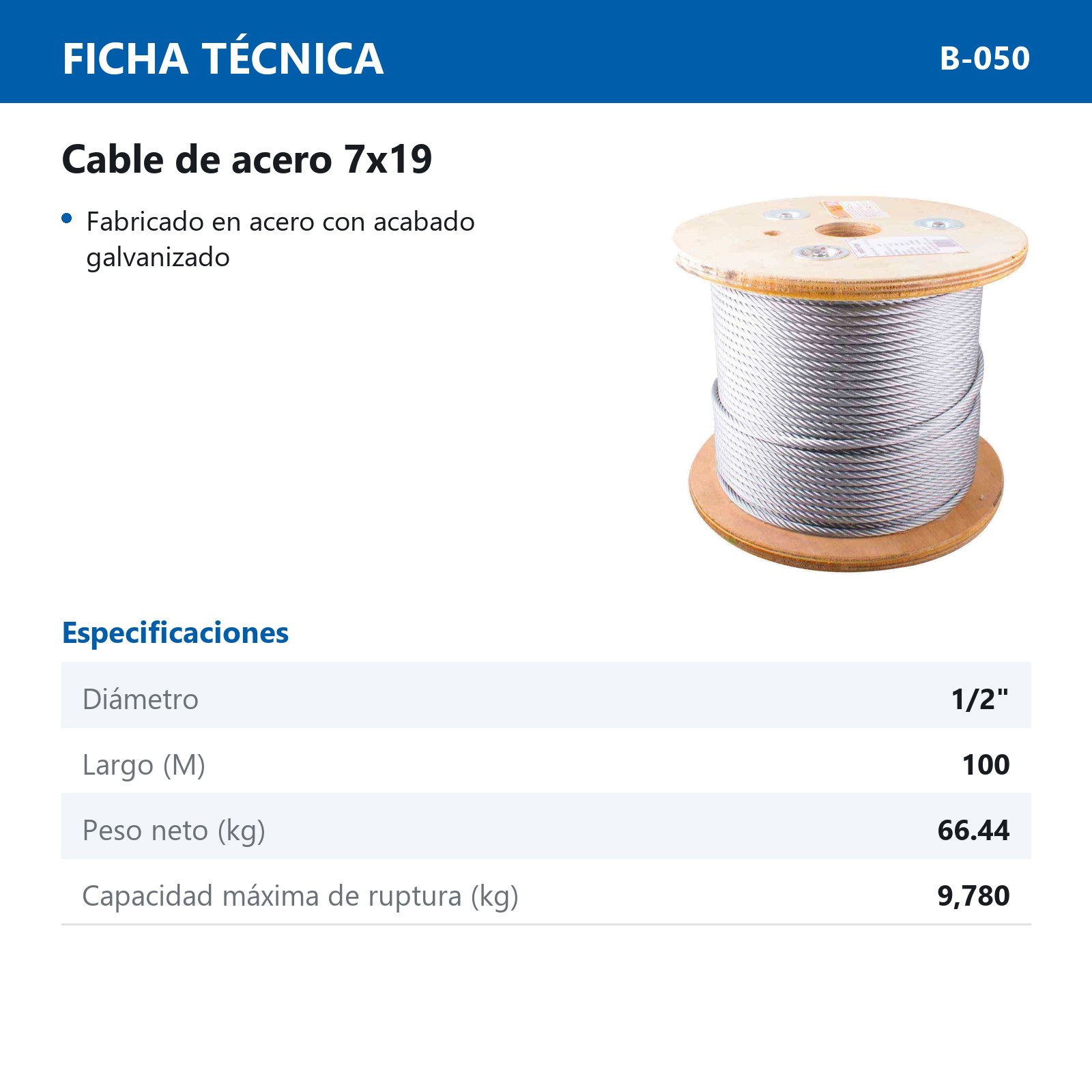CABLE DE ACERO GALVANIZADO 7X19 1/2" ROLLO 100M - Imagen 3