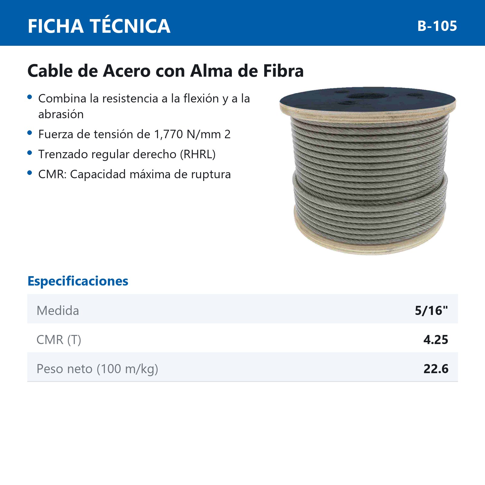 CABLE DE ACERO ALMA DE FIBRA FC  6X19 5/16" ROLLO 500M - Imagen 2