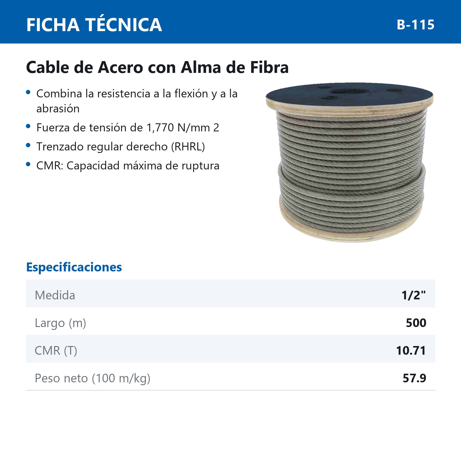 CABLE DE ACERO ALMA DE FIBRA FC  6X19 1/2" ROLLO 500M - Imagen 2