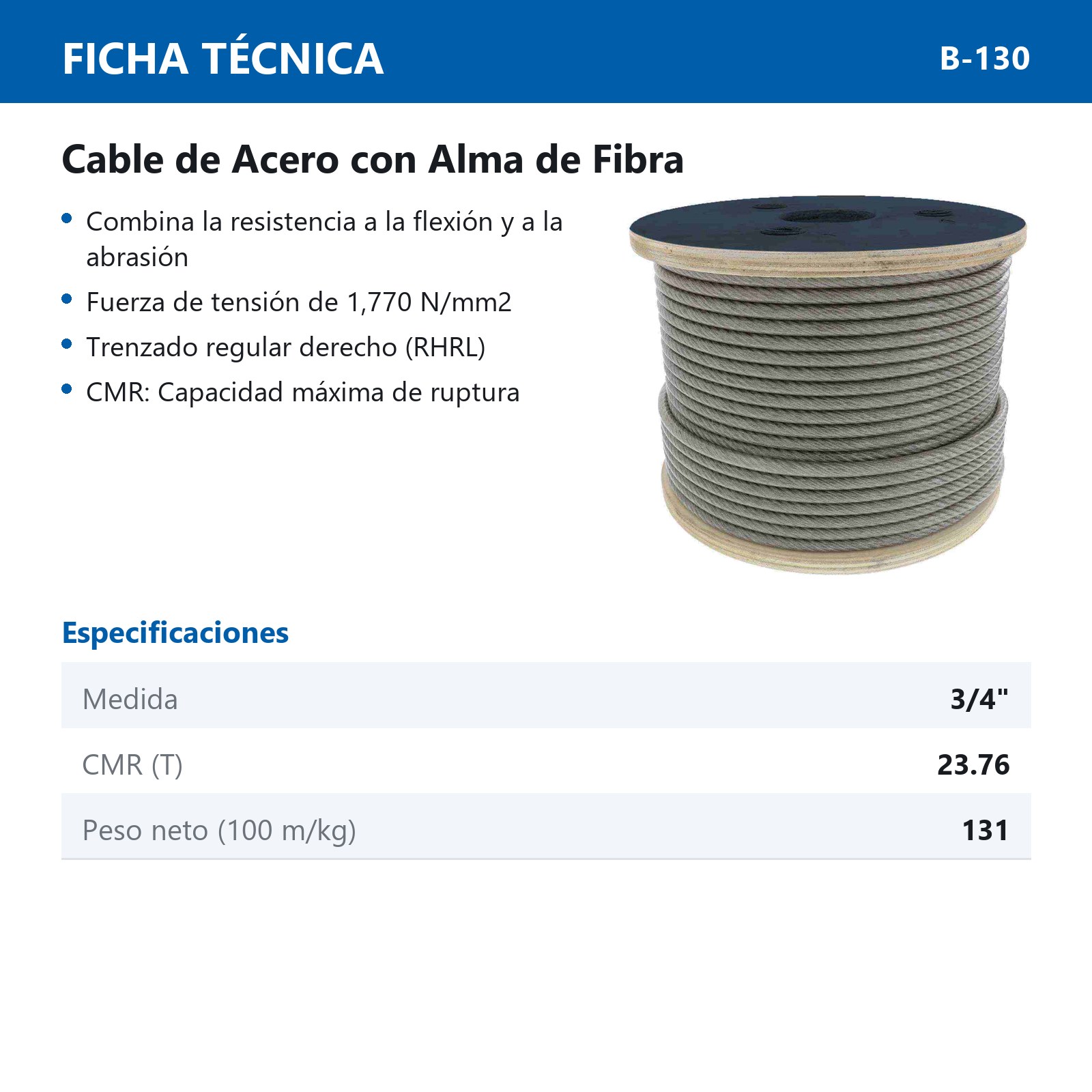 CABLE DE ACERO ALMA DE FIBRA FC  6X19 3/4" ROLLO 500M - Imagen 2