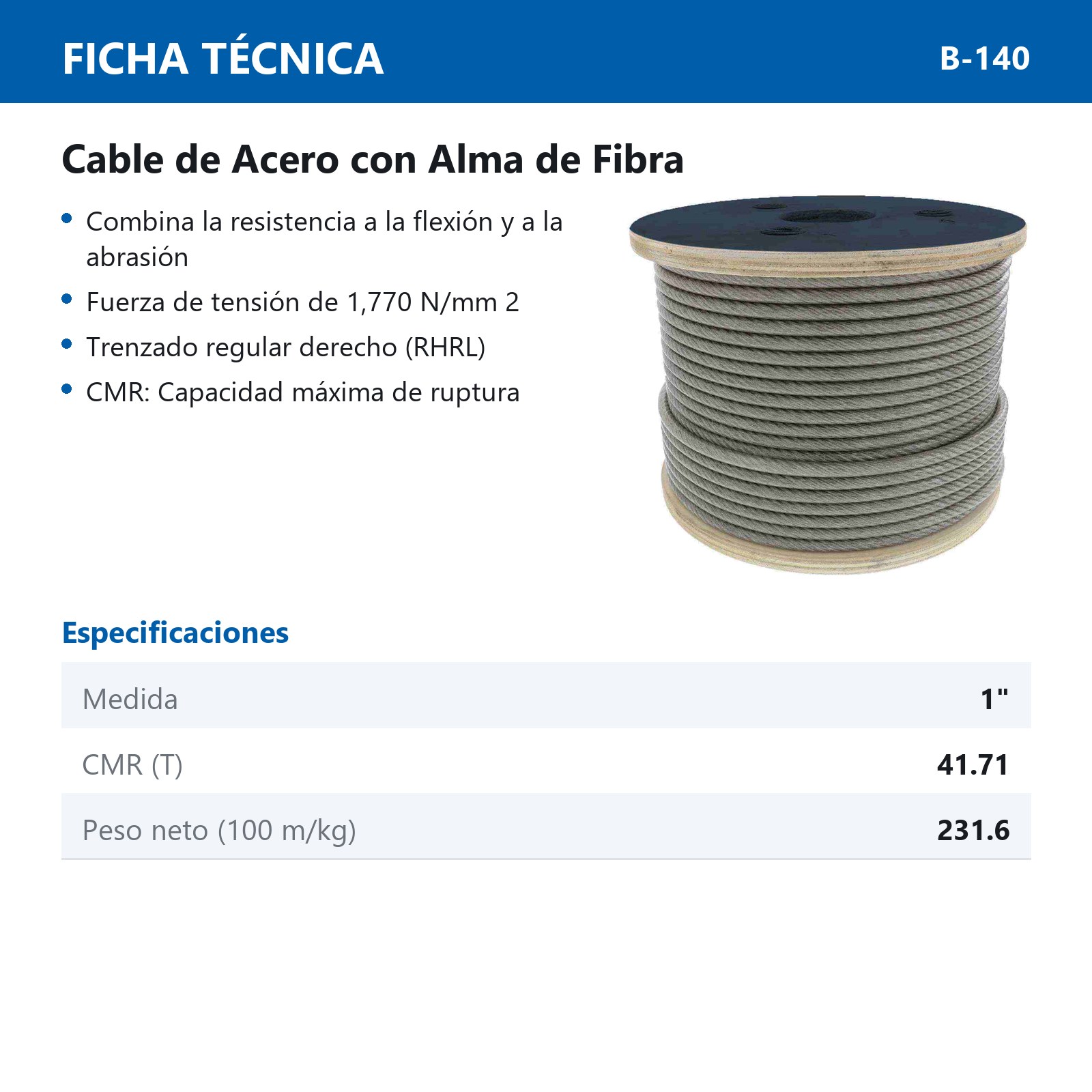 CABLE DE ACERO ALMA DE FIBRA FC  6X19 1" ROLLO 500M - Imagen 2