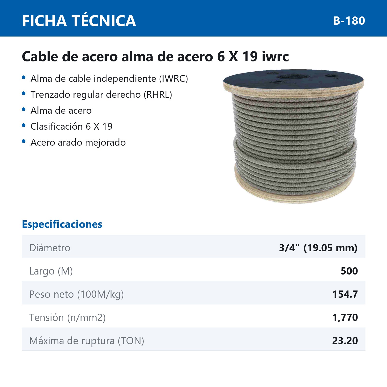 CABLE DE ACERO ALMA DE ACERO IWRC 6X19 3/4" ROLLO 500M - Imagen 2