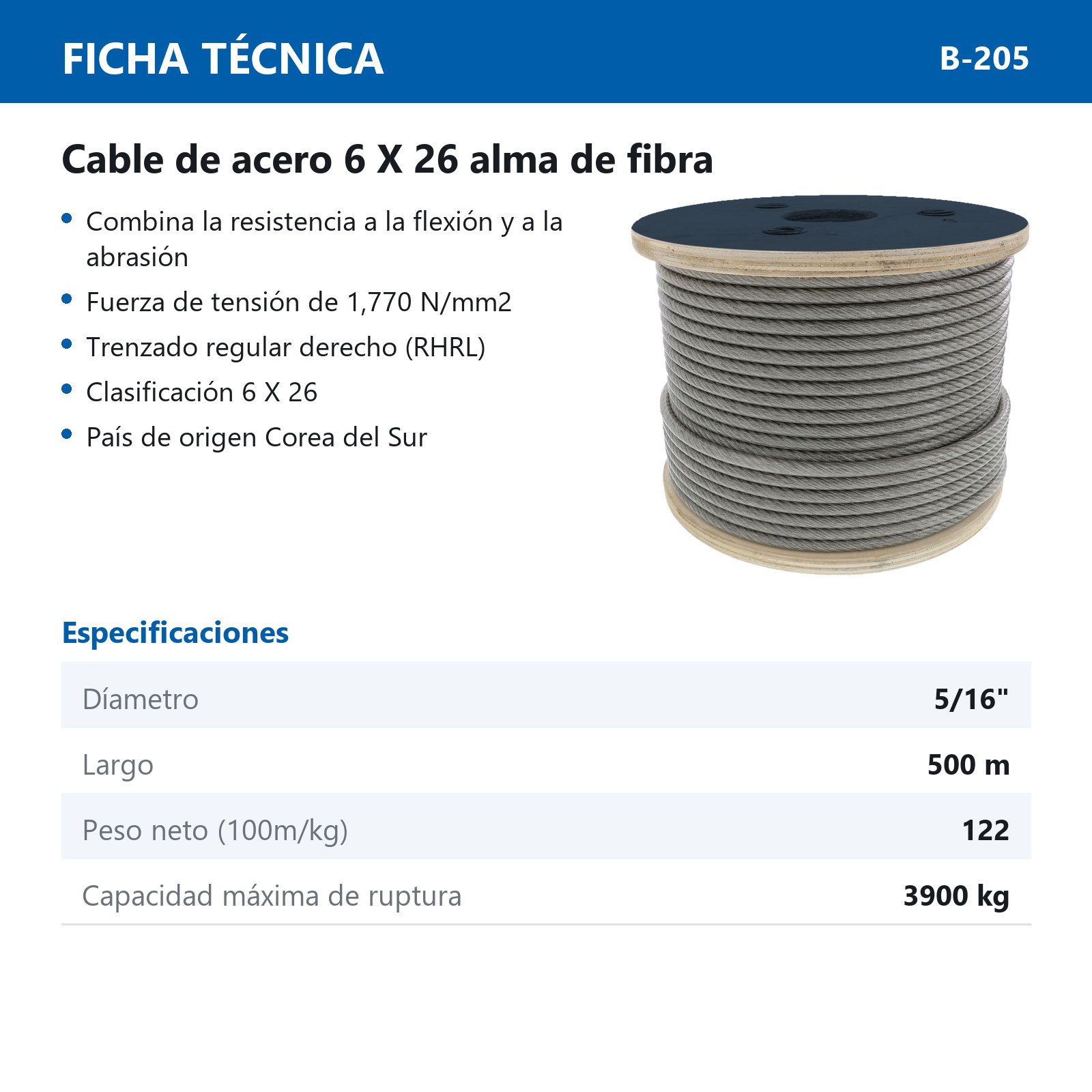 CABLE DE ACERO ALMA DE FIBRA FC 6X26 5/16" ROLLO 500M - Imagen 2