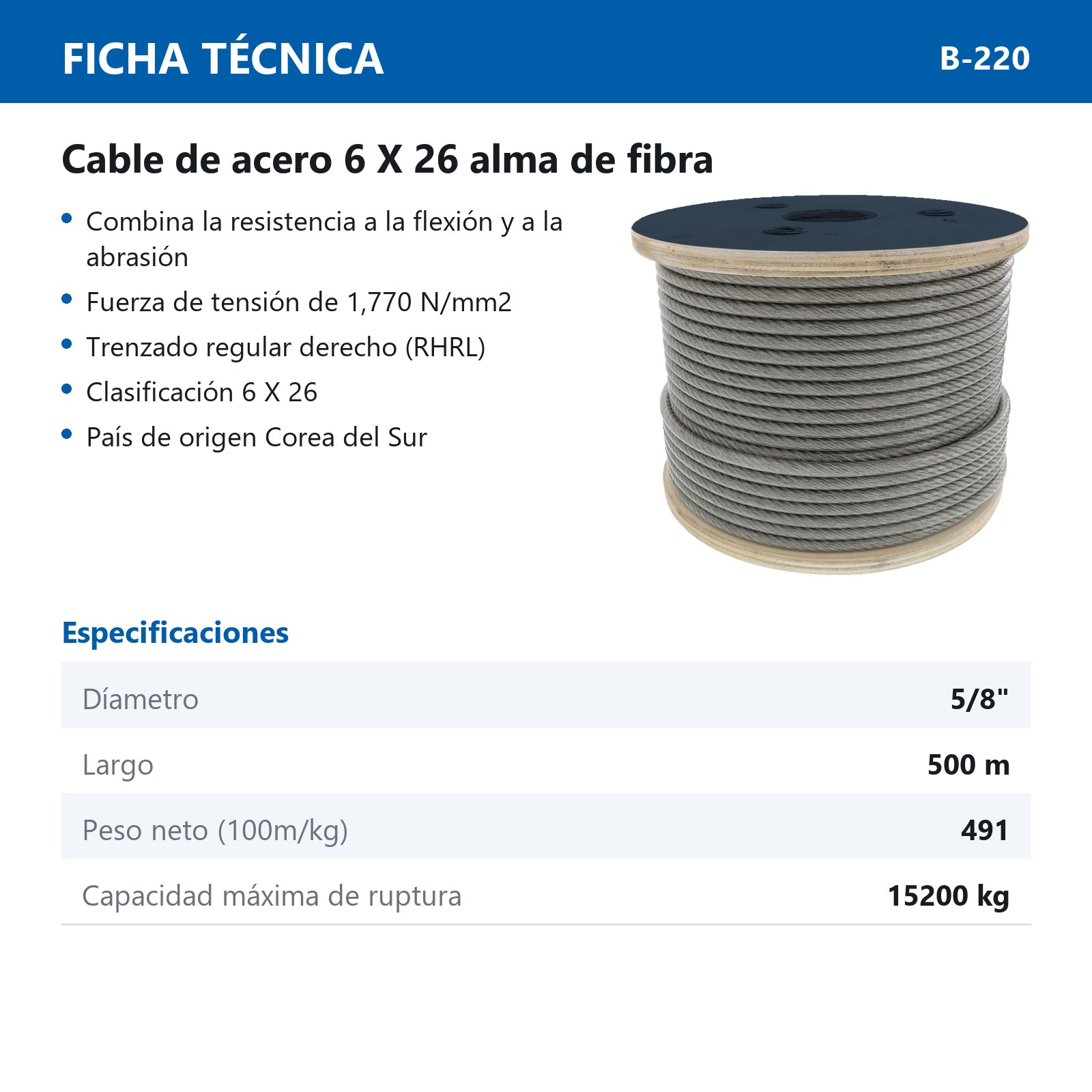 CABLE DE ACERO ALMA DE FIBRA FC 6X26 5/8" ROLLO 500M - Imagen 2