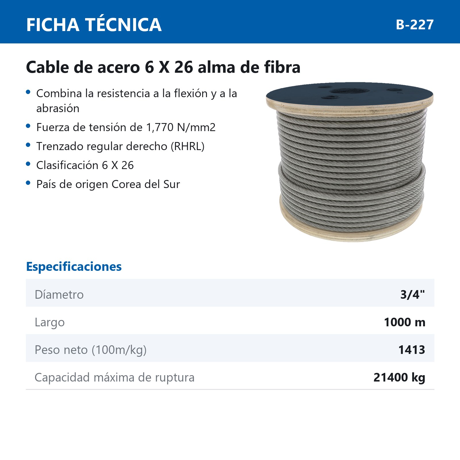 CABLE DE ACERO ALMA DE FIBRA FC 6X26 3/4" ROLLO 1000M - Imagen 2