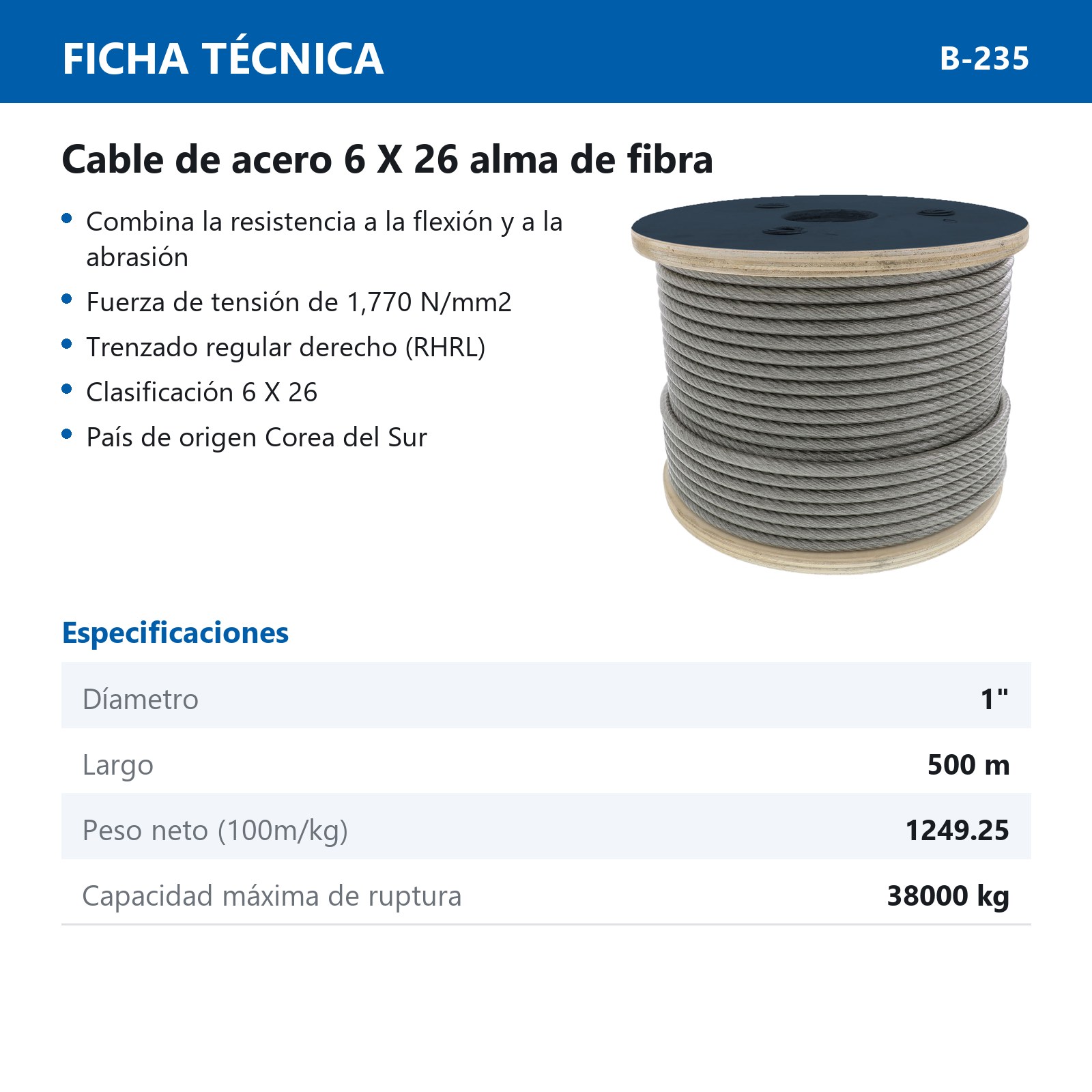 CABLE DE ACERO ALMA DE FIBRA FC 6X26 1" ROLLO 500M - Imagen 2