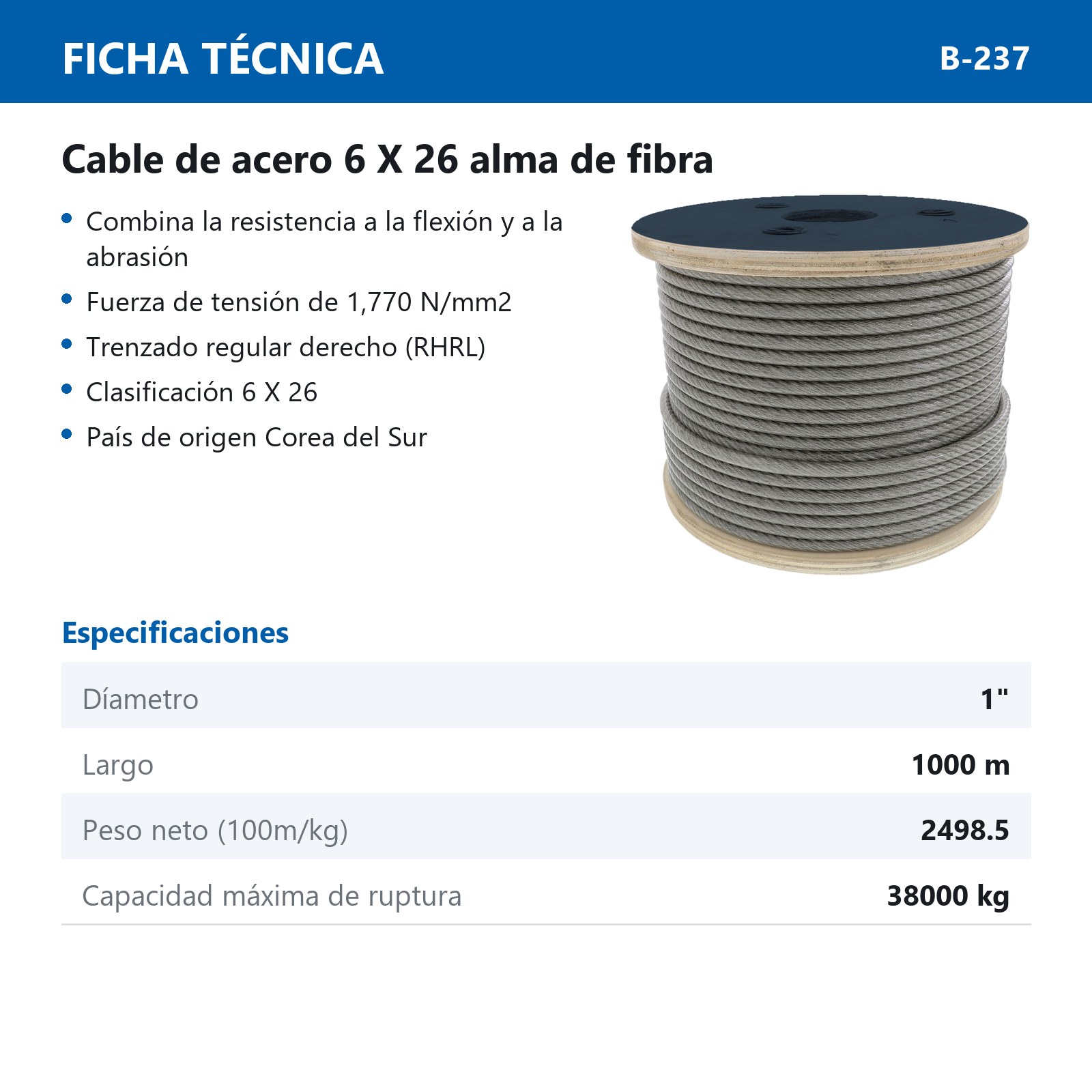 CABLE DE ACERO ALMA DE FIBRA FC 6X26 1" ROLLO 1000M - Imagen 2