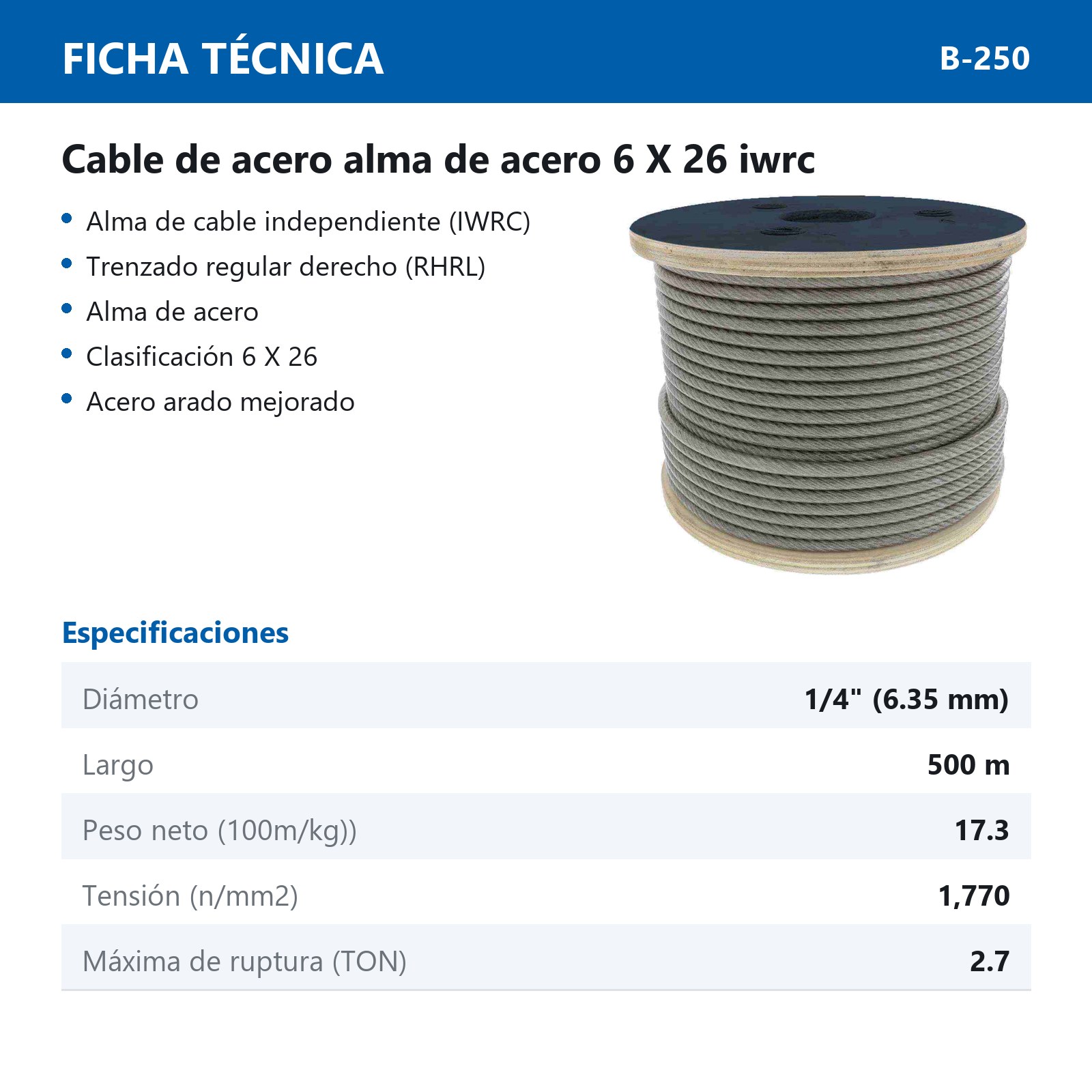 CABLE DE ACERO ALMA DE ACERO IWRC 6X26 1/4" ROLLO 500M - Imagen 2