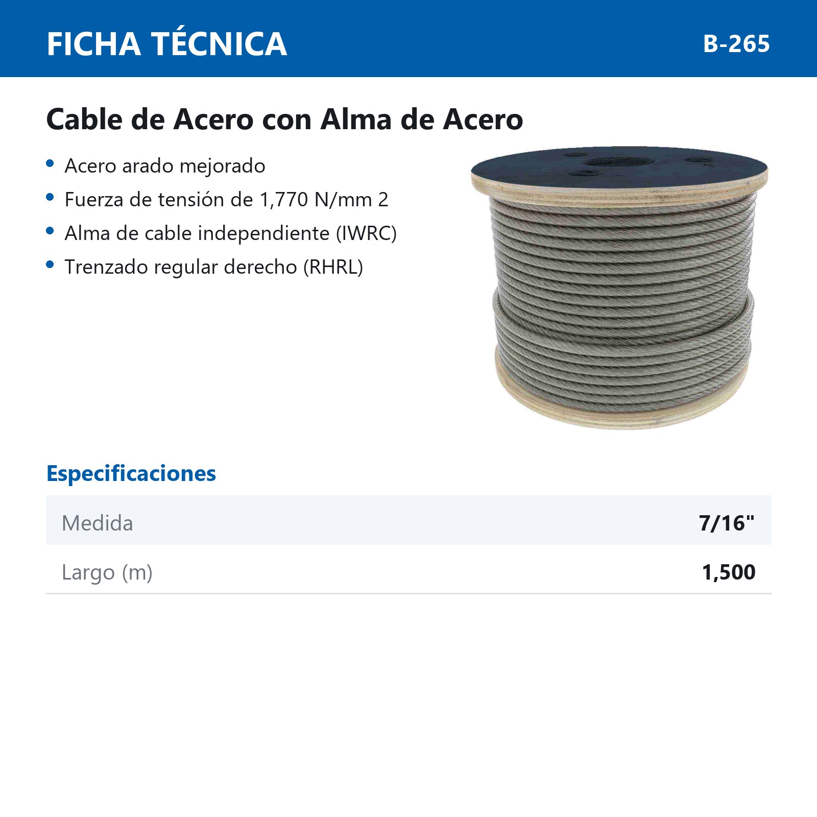 CABLE DE ACERO ALMA DE ACERO IWRC 6X26 7/16" ROLLO 1500M - Imagen 2