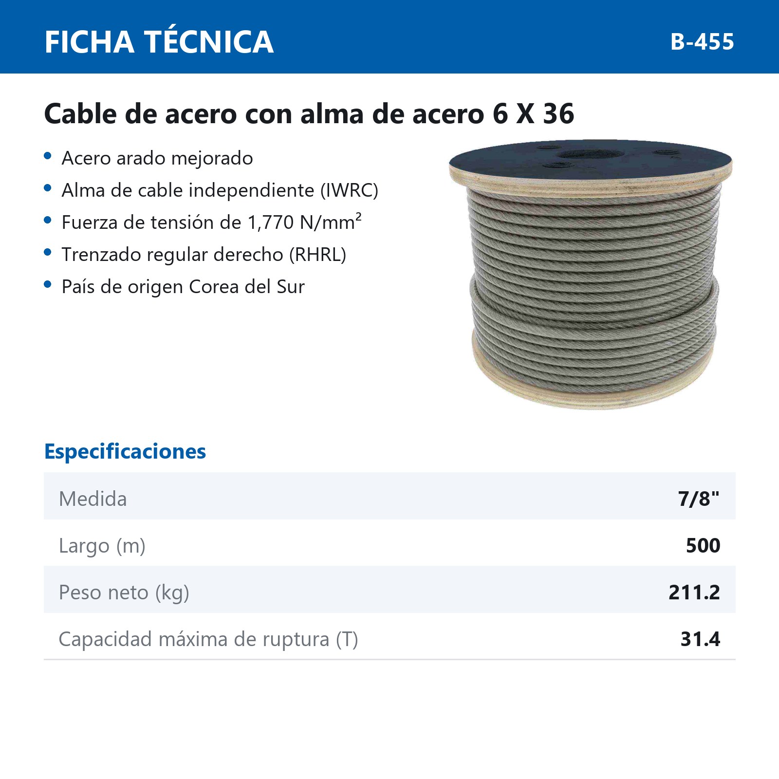 CABLE DE ACERO ALMA DE ACERO IWRC 6X36 7/8" ROLLO 500M - Imagen 2