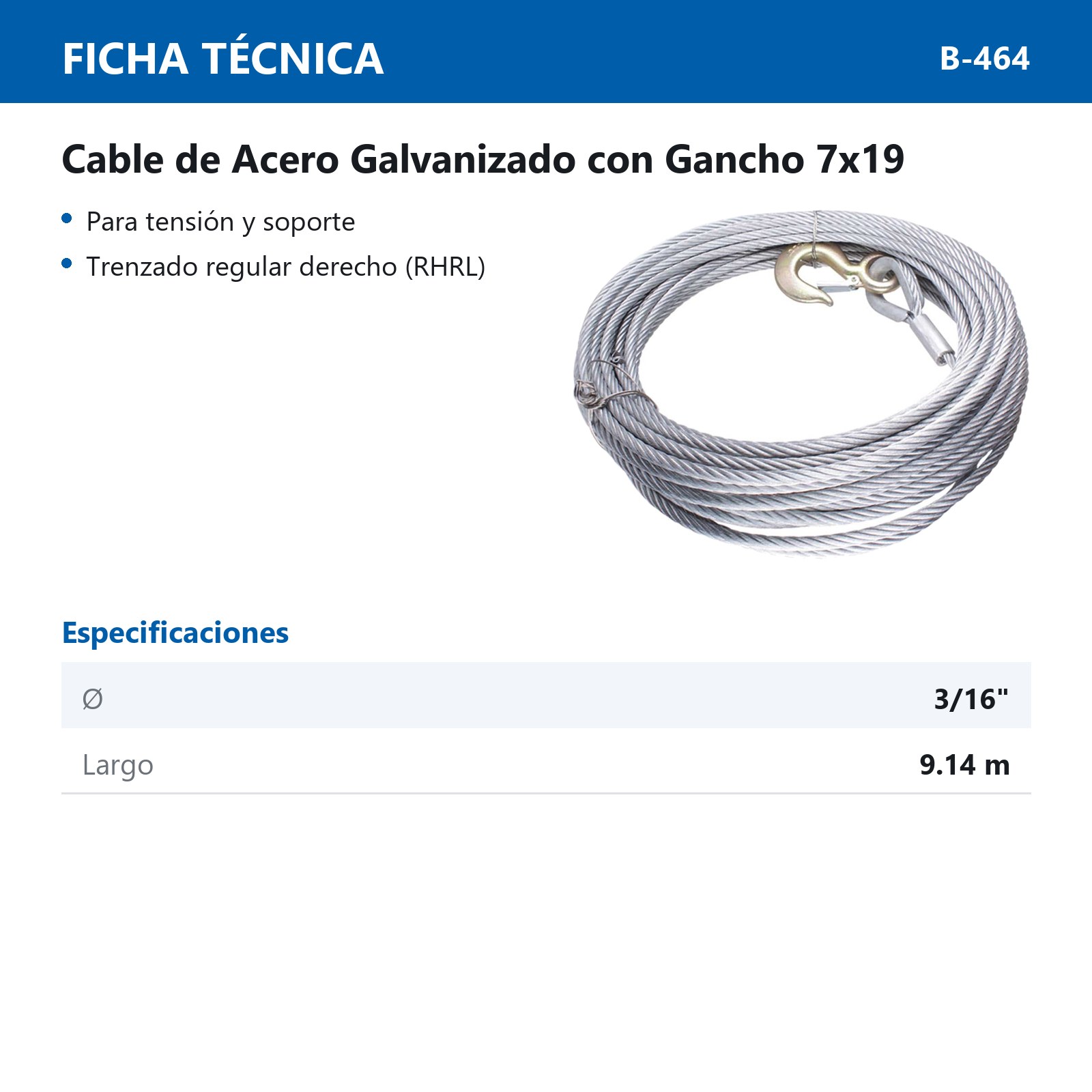 CABLE DE ACERO GALVANIZADO C/GANCHO 7X19 3/16" ROLLO 9.14M - Imagen 2