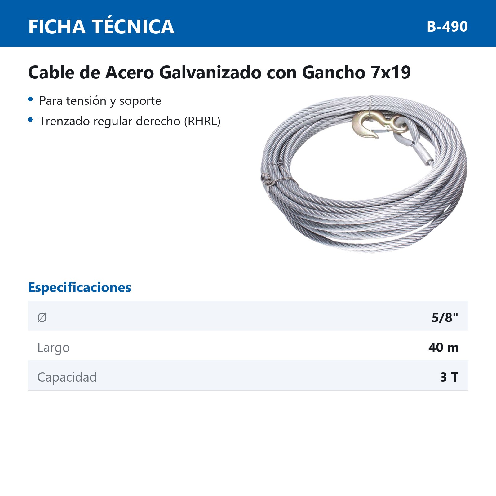 CABLE DE ACERO GALVANIZADO C/GANCHO 7X19 5/8" ROLLO 40M - Imagen 2