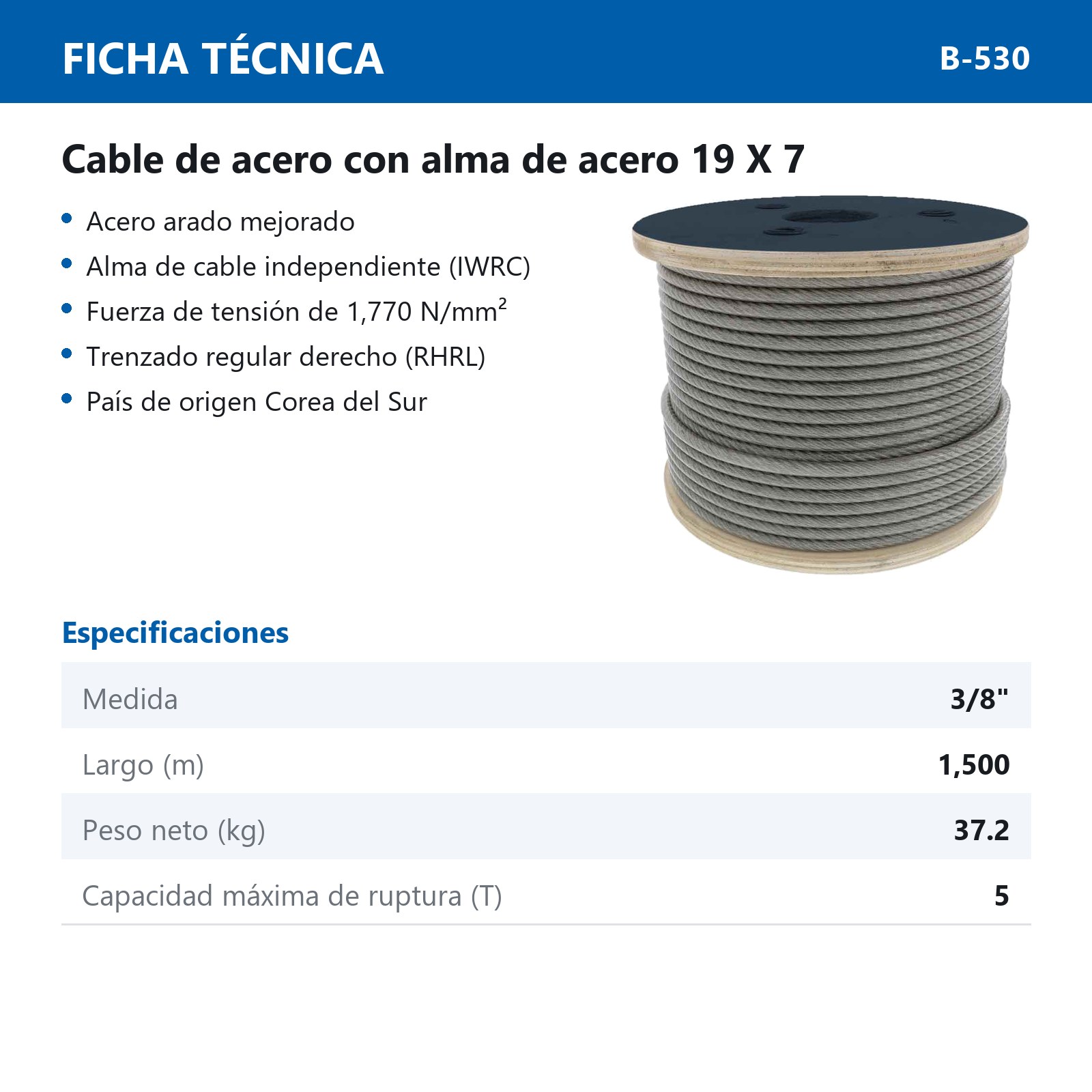 CABLE DE ACERO ALMA DE ACERO IWRC 19X7 3/8" ROLLO 1500M - Imagen 2