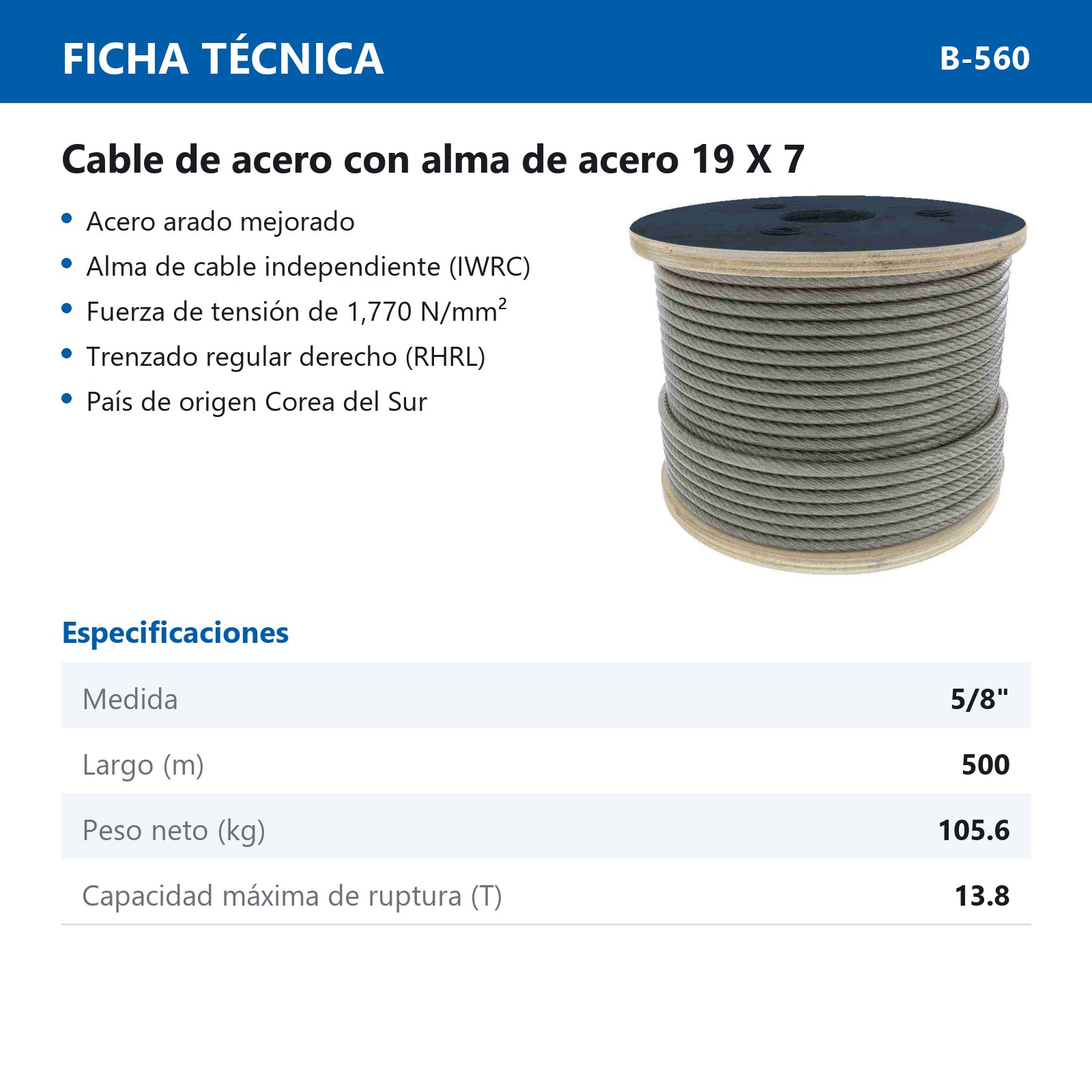 CABLE DE ACERO ALMA DE ACERO IWRC 19X7 5/8" ROLLO 500M - Imagen 2