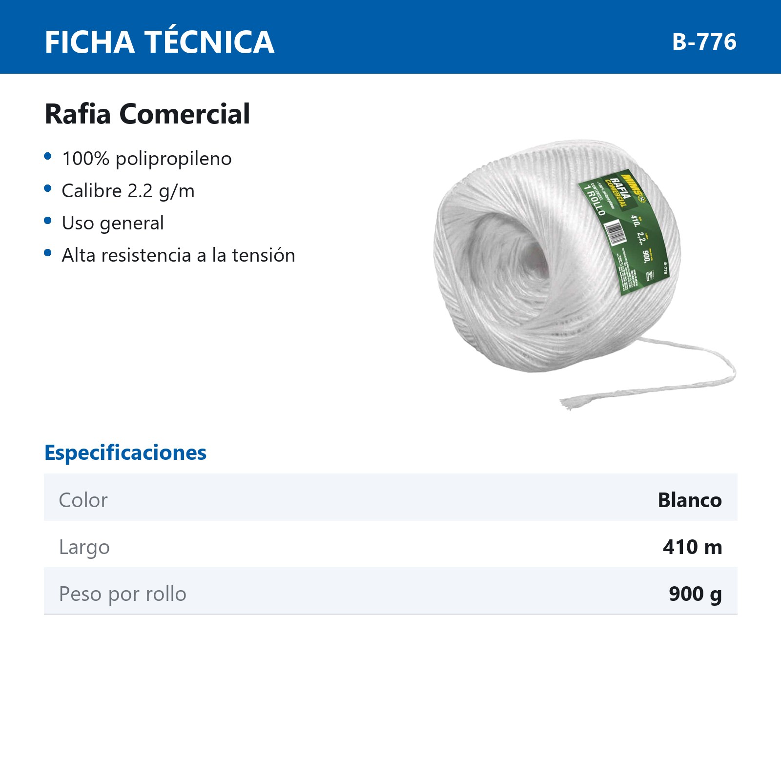 RAFIA COMERCIAL ROLLO CAL. 2.2 BLANCO 900 GRS. - Imagen 2
