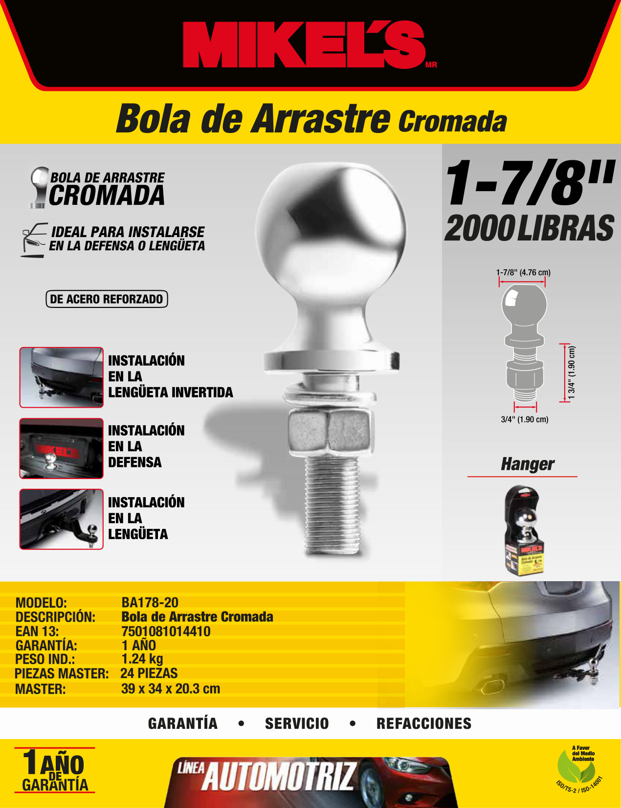 MIKELS BA178-20 Bola de arrastre 1-7/8” (2,000 lbs) - Imagen 2
