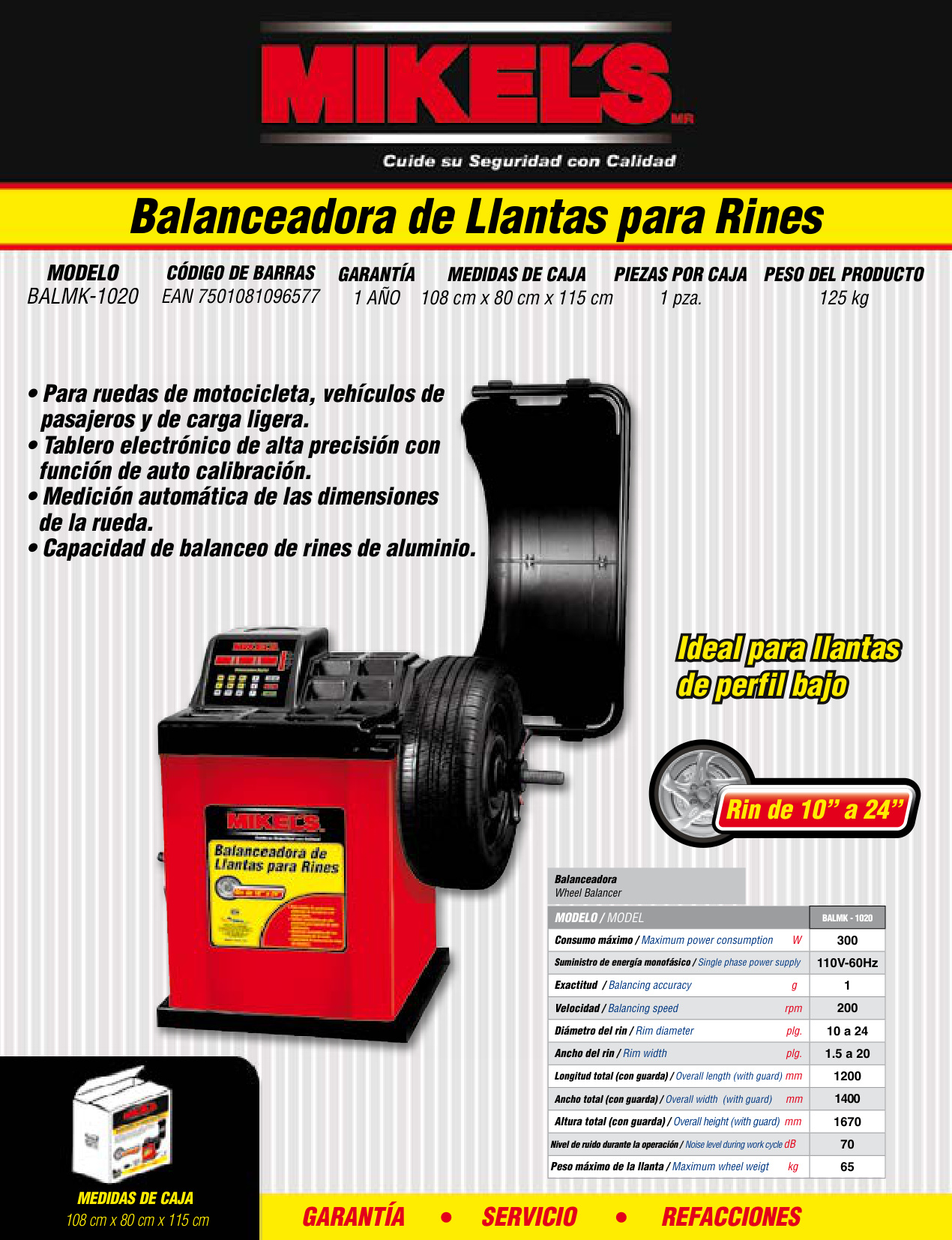 MIKELS BALMK-1020 Balanceadora de llantas para auto (rin 10” a 24”) - Imagen 2