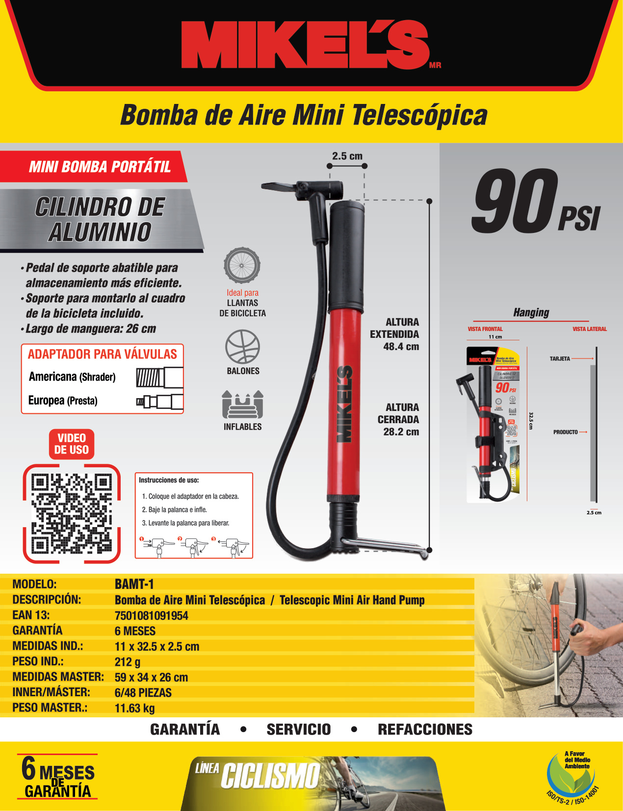 MIKELS BAMT-1 Bomba de aire mini telescópica (90 PSI) - Imagen 4
