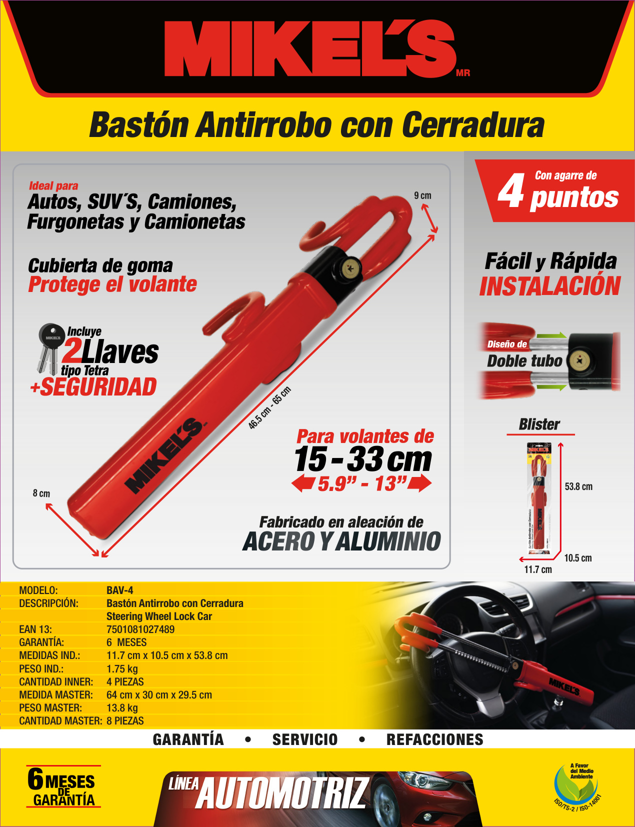 MIKELS BAV-4 Bastón antirrobo con cerradura (4 puntos) - Imagen 2