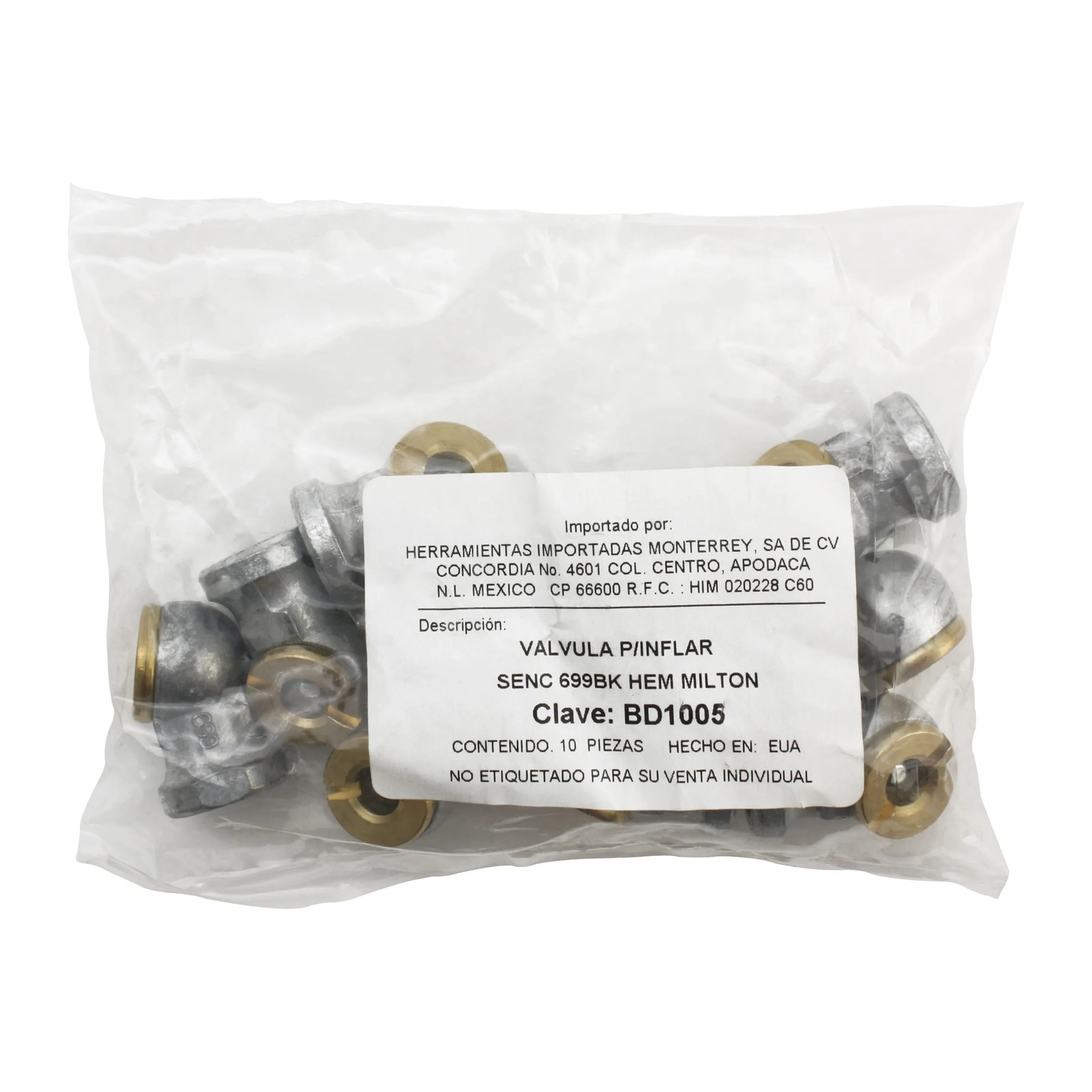 Válvula para inflar sencilla 699BK HEM Milton - Paquete 10 Piezas